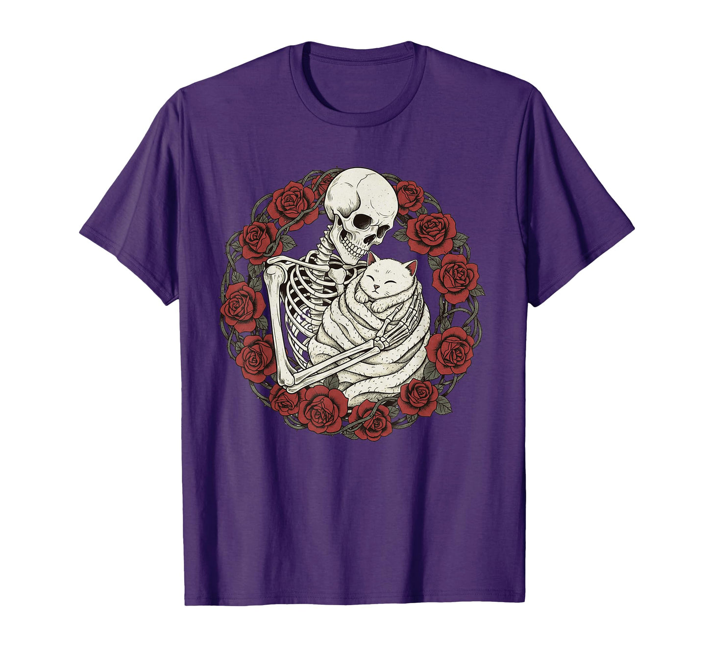 Skeleton Hugging Cat Gothic Floral Creepy Cute Halloween T-Shirt