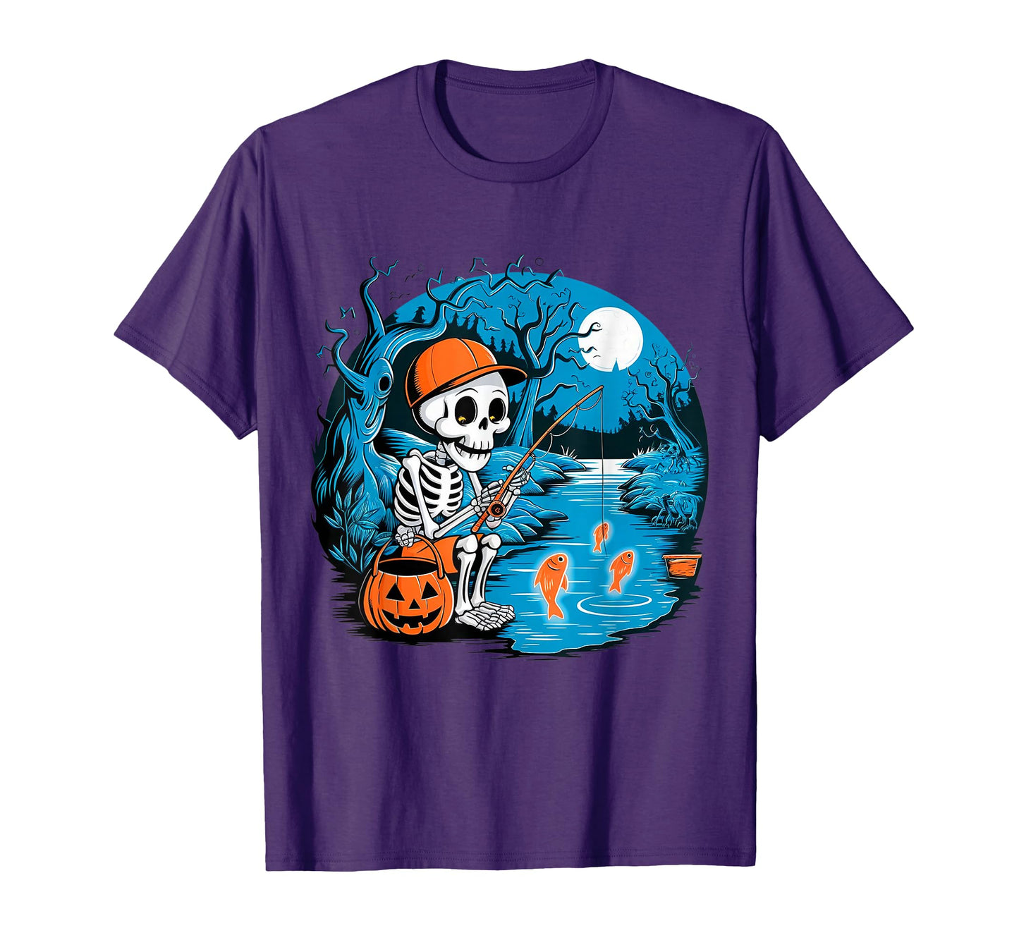 Spooky Fishing Skeleton Halloween Creepy Fisherman Boys Kids T-Shirt