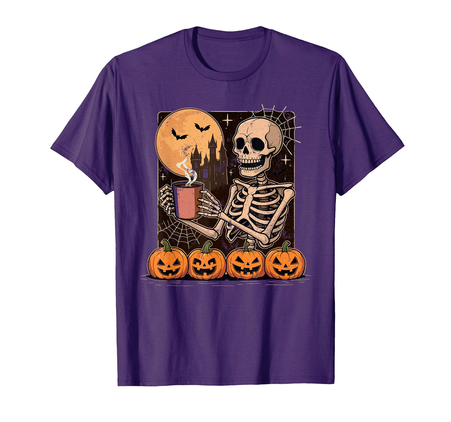 Vintage Skeleton with Coffee and Pumpkin Spooky Halloween T-Shirt