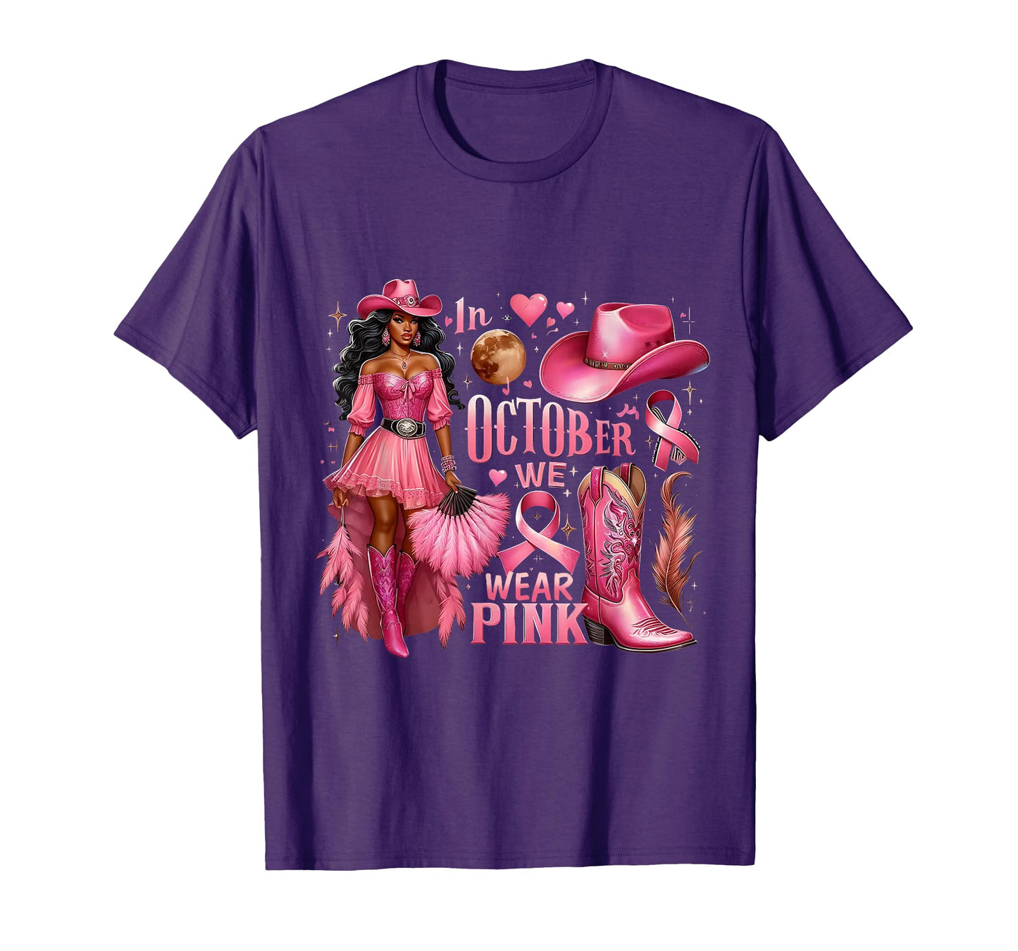 in October We Wear Pink Cowgirl Melanin Rodeo Breast Cancer T-Shirt