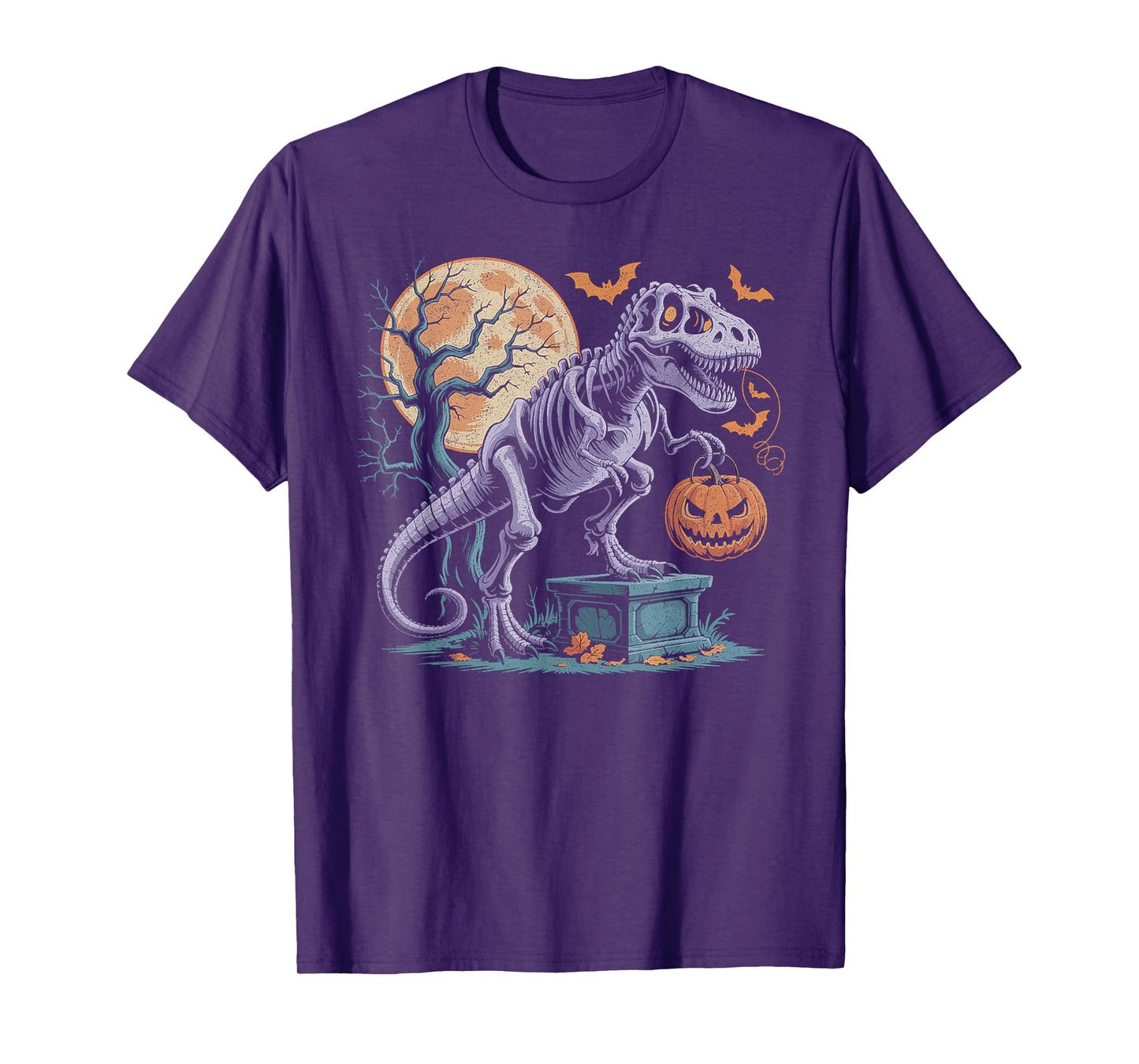 Halloween Dinosaur Skeleton T-rex Pumpkin Moon Boys Girls T-Shirt