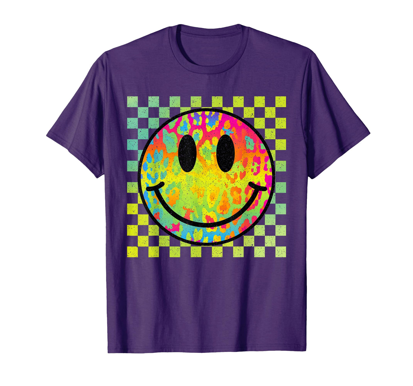 Retro Happy Face Tie Dye Checkered Pattern Smile Face Trendy T-Shirt