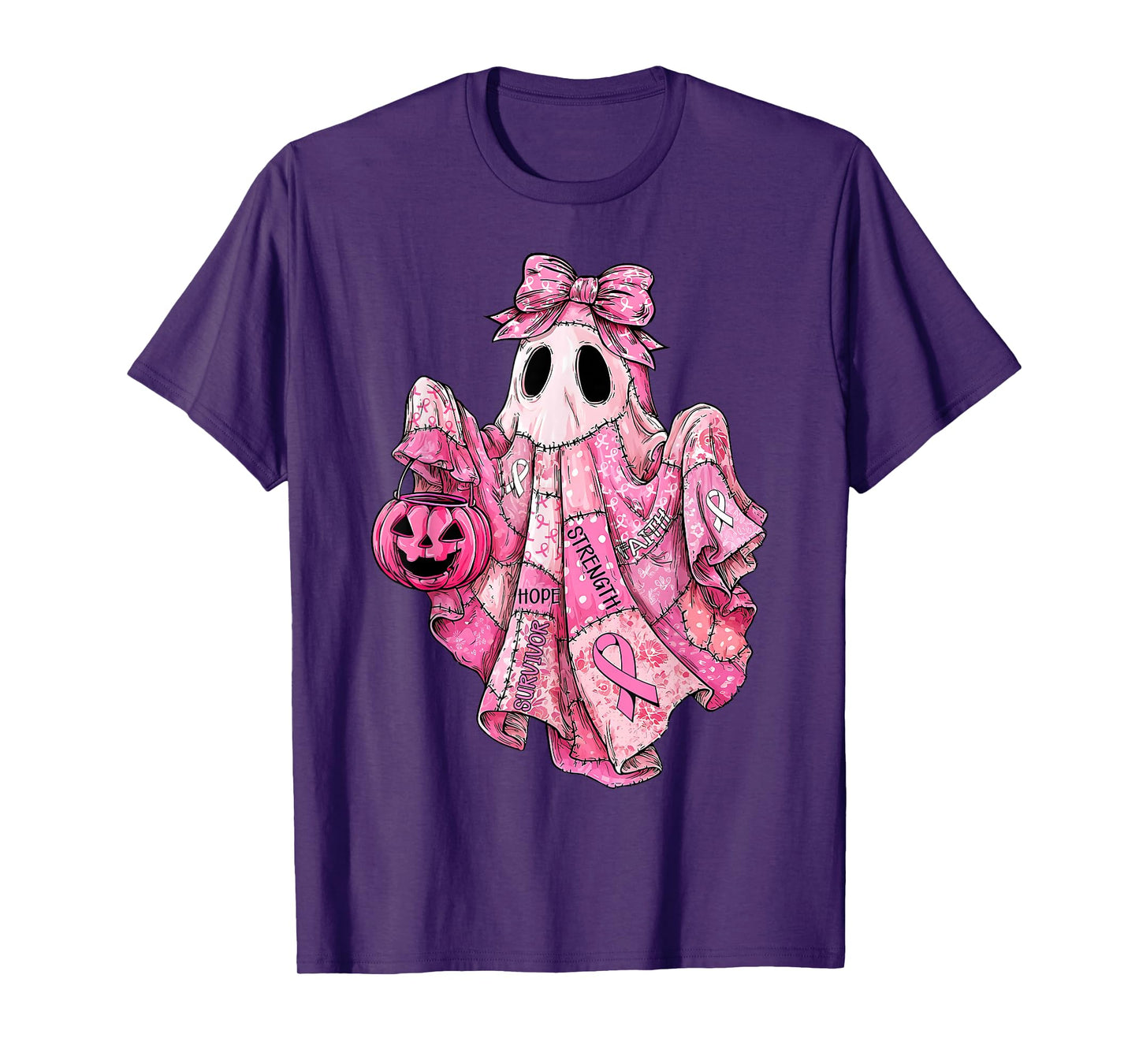 Breast Cancer Pink Ribbon Patchwork Ghost Halloween Women T-Shirt