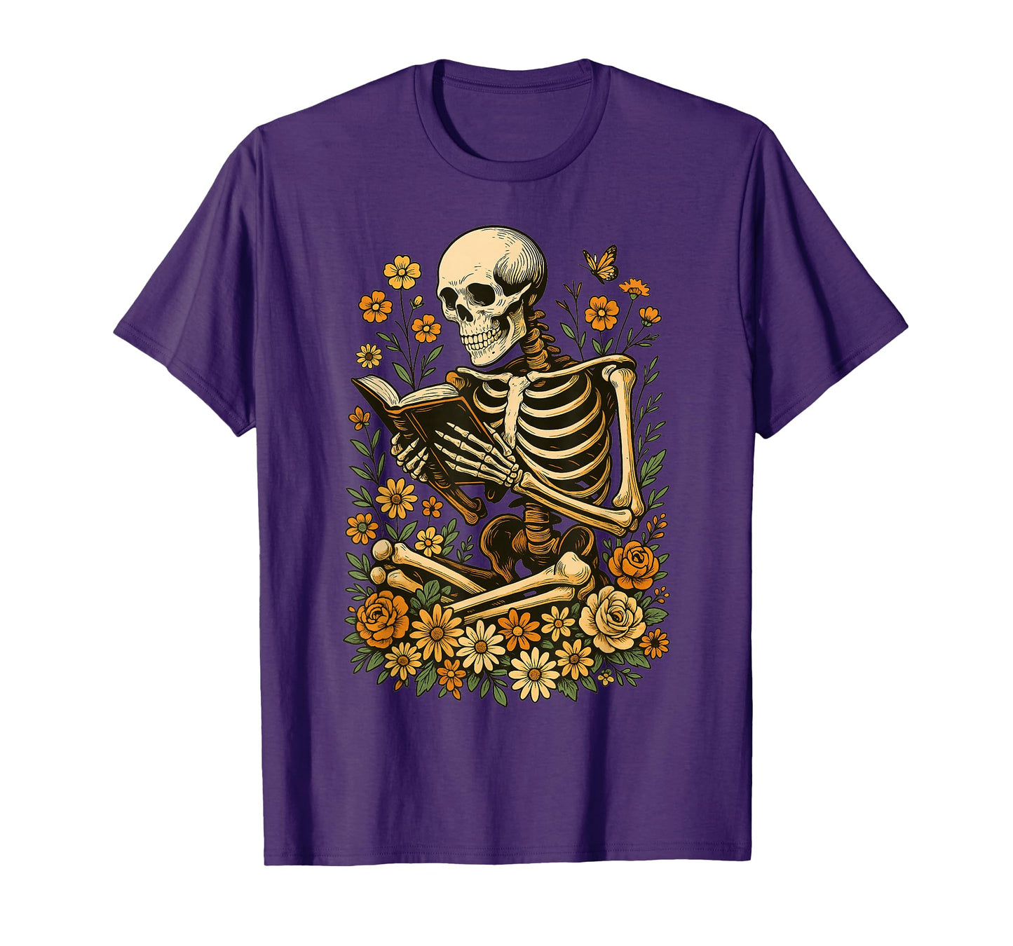 Skeleton Book Floral Funny Skull Halloween Teacher Women T-Shirt