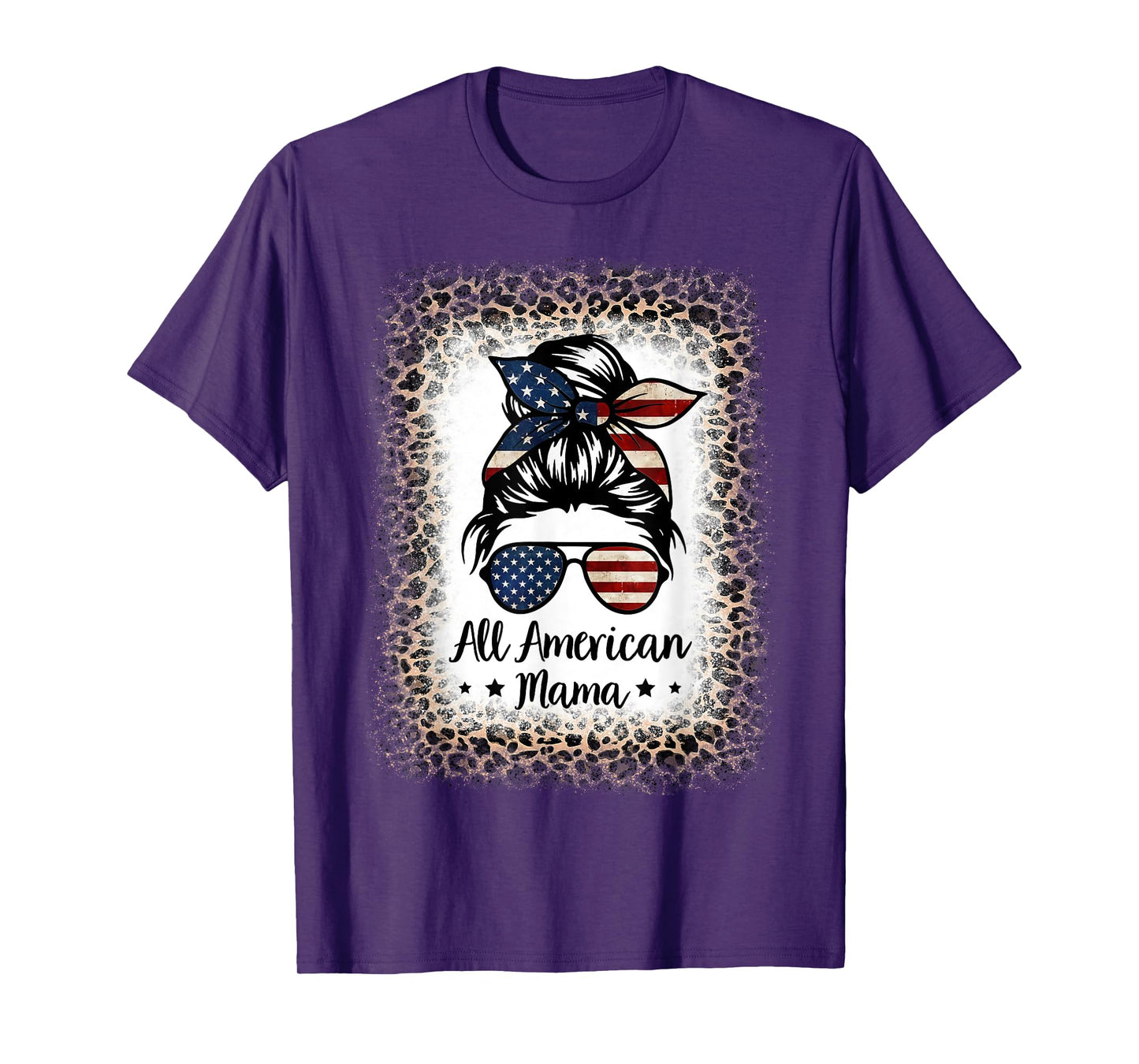 All American Mama Messy Bun Bleached Leopard 4th of July T-Shirt for Women Kids Men