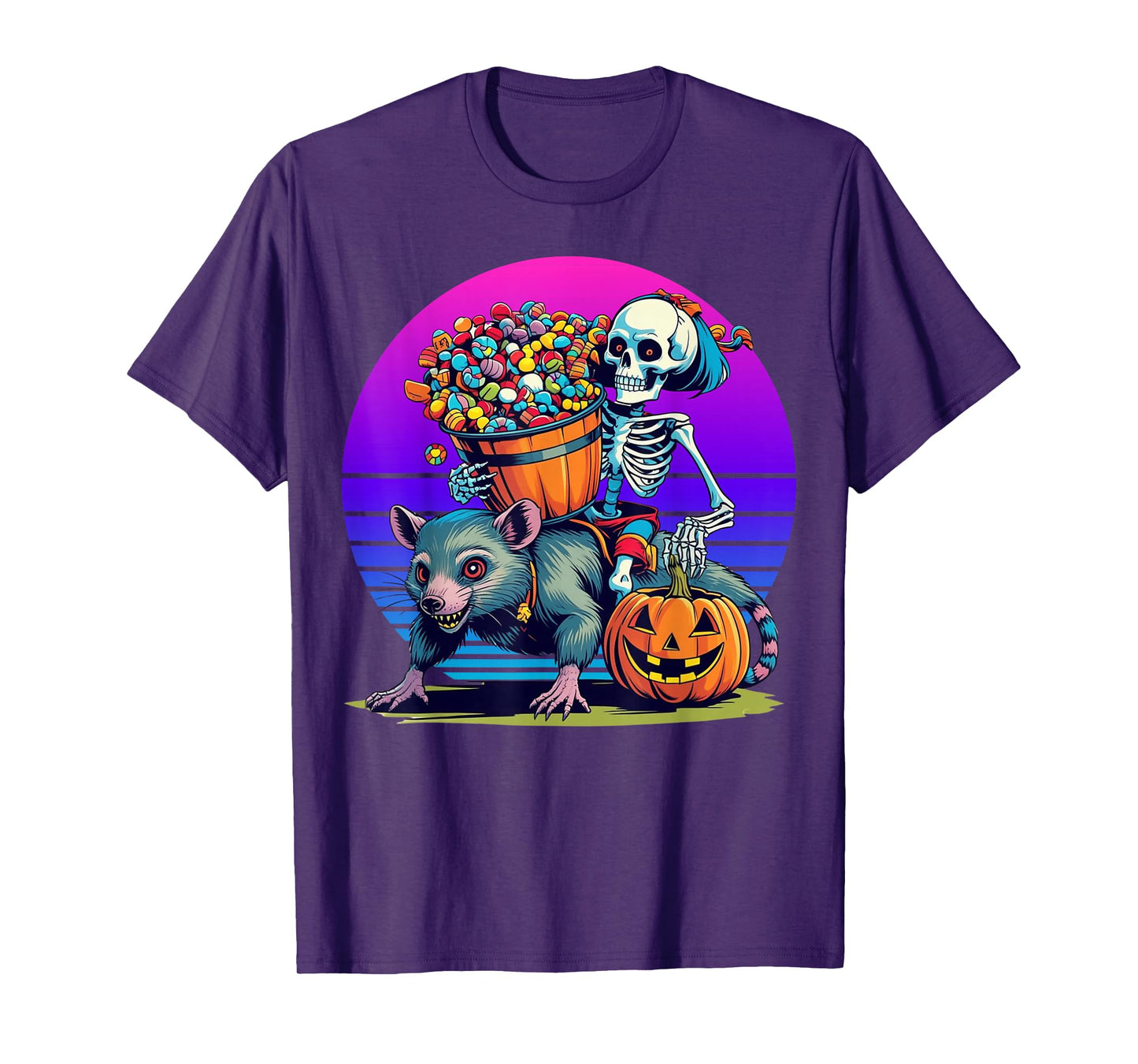 Cute Skeleton Girl Riding Opossum Candy Bucket Halloween T-Shirt