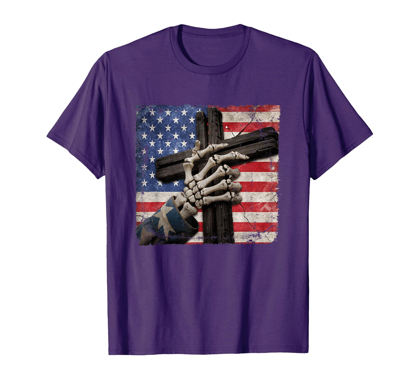Skeleton Hand Holding Cross American Flag Patriotic Gothic T-Shirt