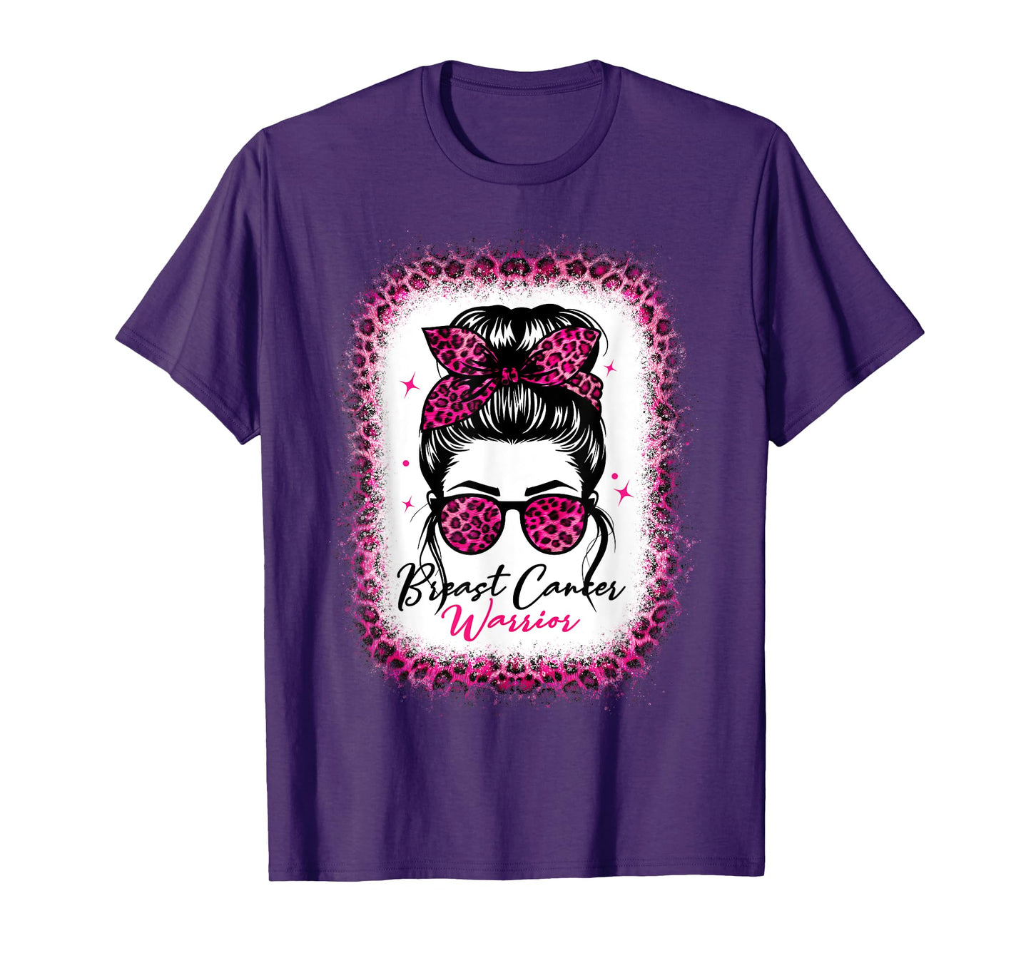 Breast cancer awareness warrior messy bun pink Leopard women T-Shirt
