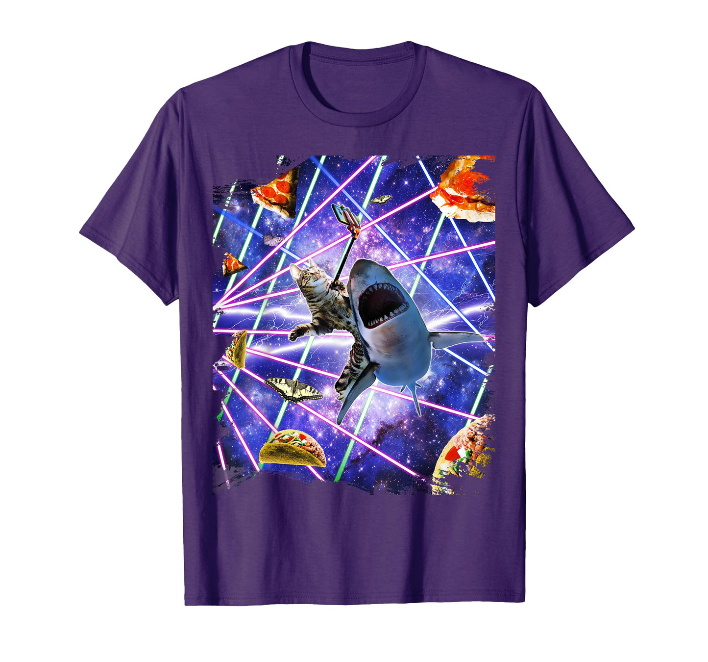 Selfie Cat Riding Shark, Space Rave, Pizza Taco Butterfly T-Shirt