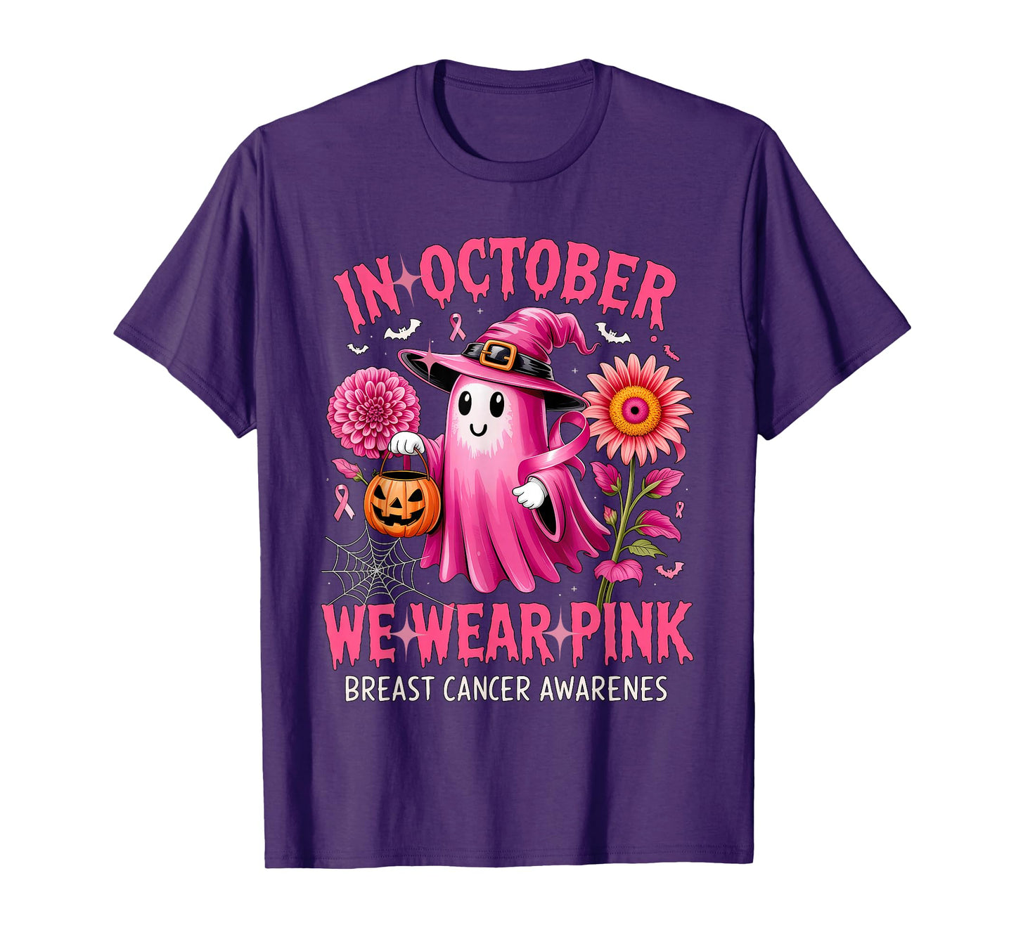 In October We Wear Pink Halloween Shirt Ghost Breast Cancer T-Shirt