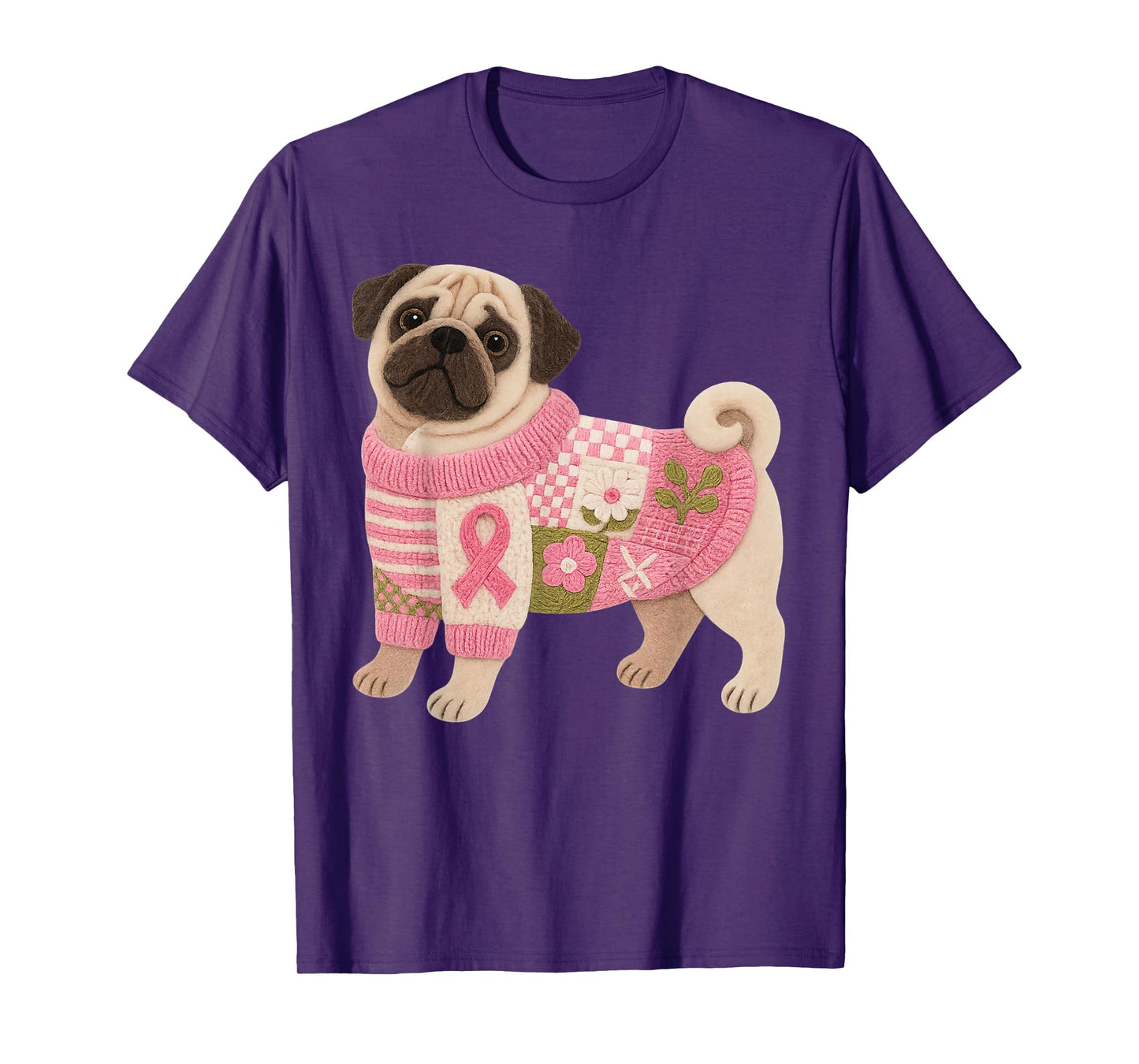 Pug Dog Pink Ribbon Breast Cancer Pattern Felt Art T-Shirt