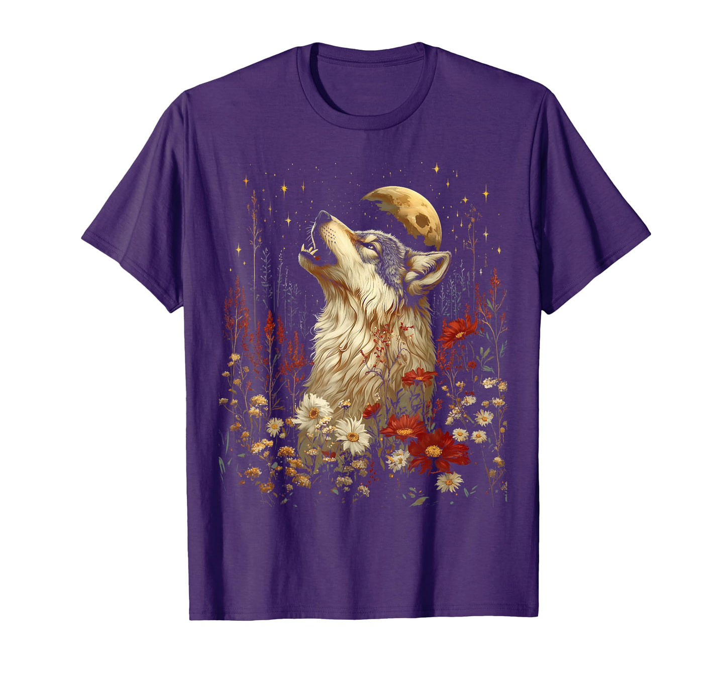 Boho Wolf Howling at the Moon Floral Mystical Graphic Women T-Shirt