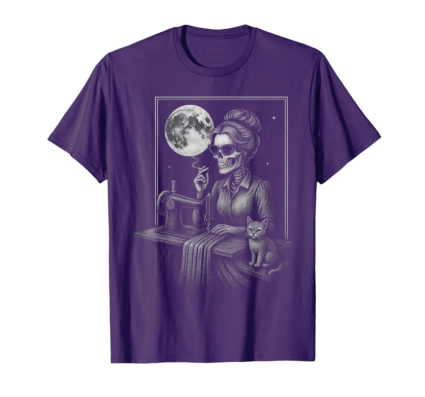 Messy Bun Skeleton Sewer Quilter Skull Halloween Cat Woodcut T-Shirt