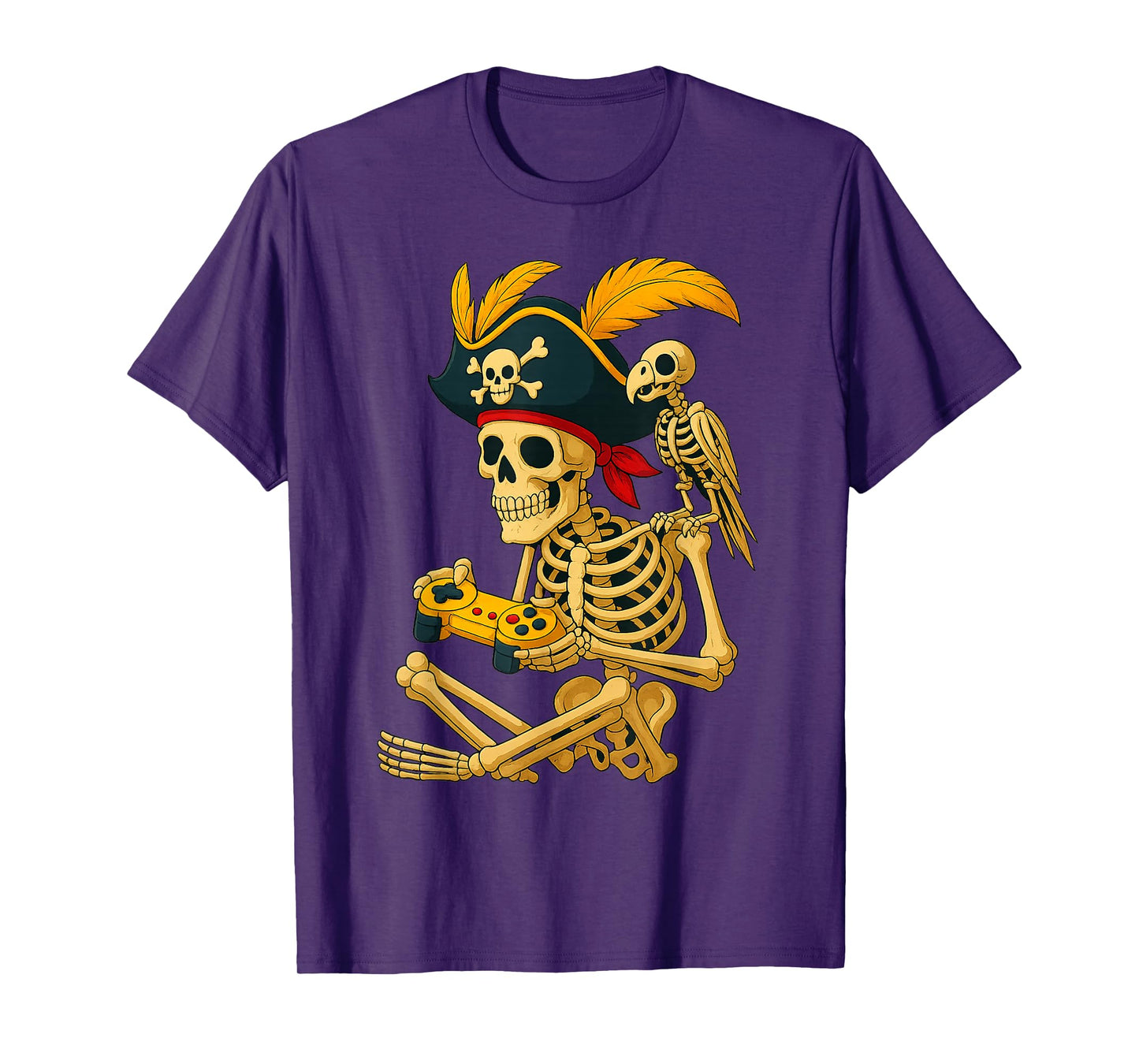 Funny Pirate Skeleton with Video Game Controller and Parrot T-Shirt