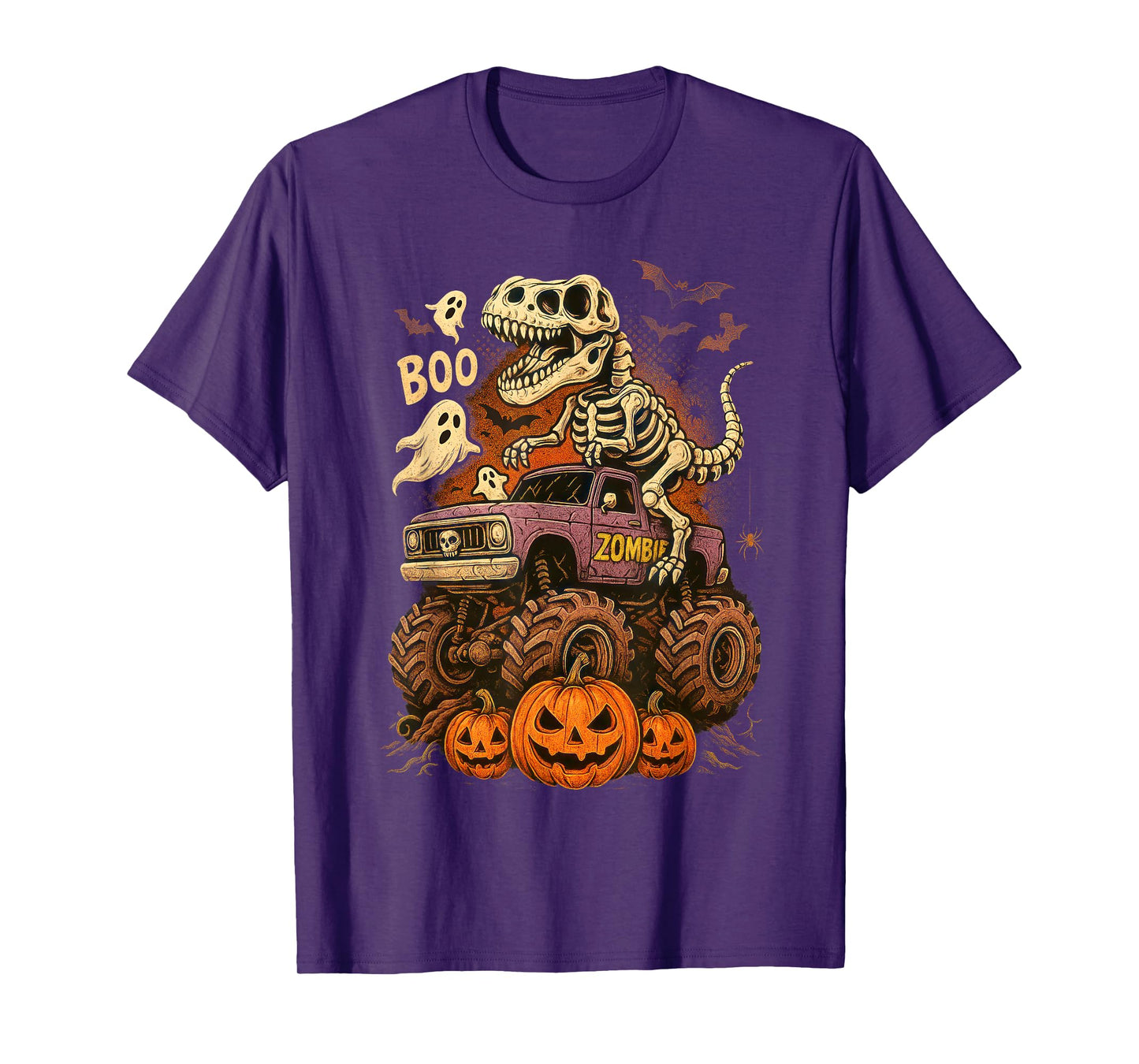 Skeleton Dinosaur T Rex and Monster Truck Pumpkin Halloween T-Shirt