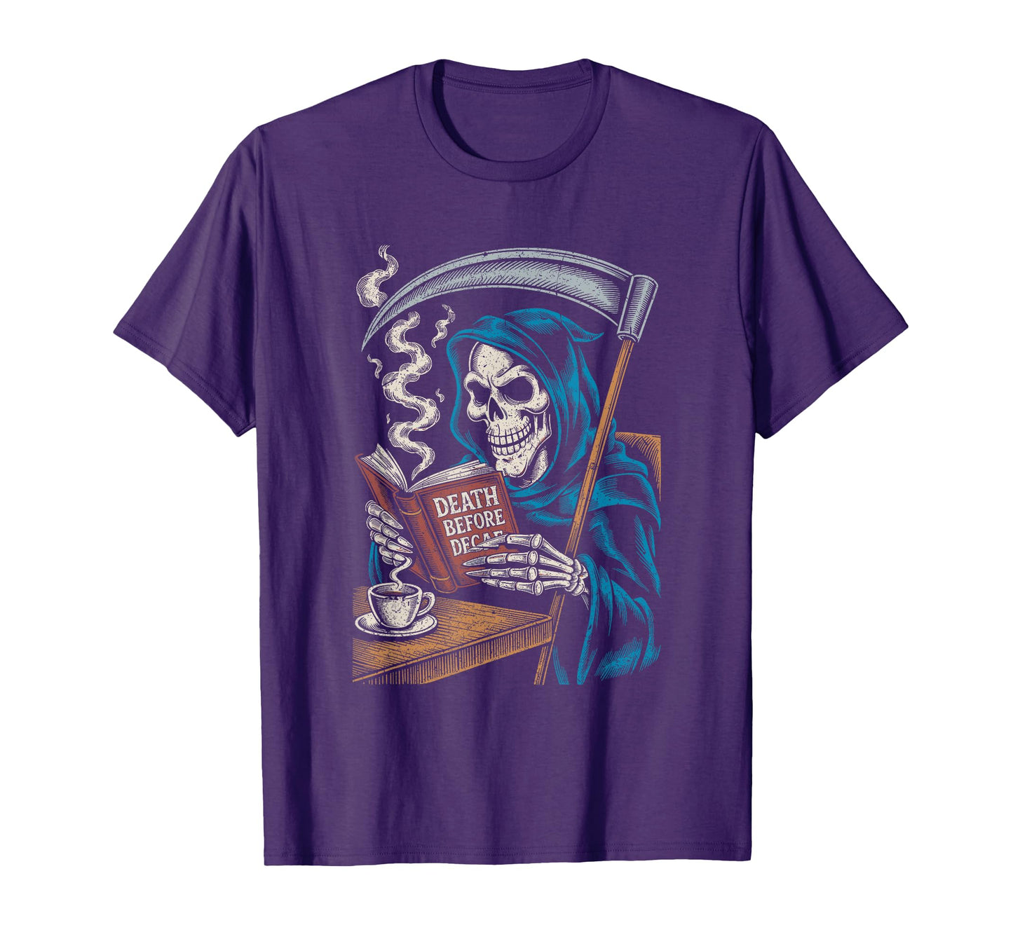 Grim Reaper Reading with Coffee Cup Halloween Horror Fun T-Shirt
