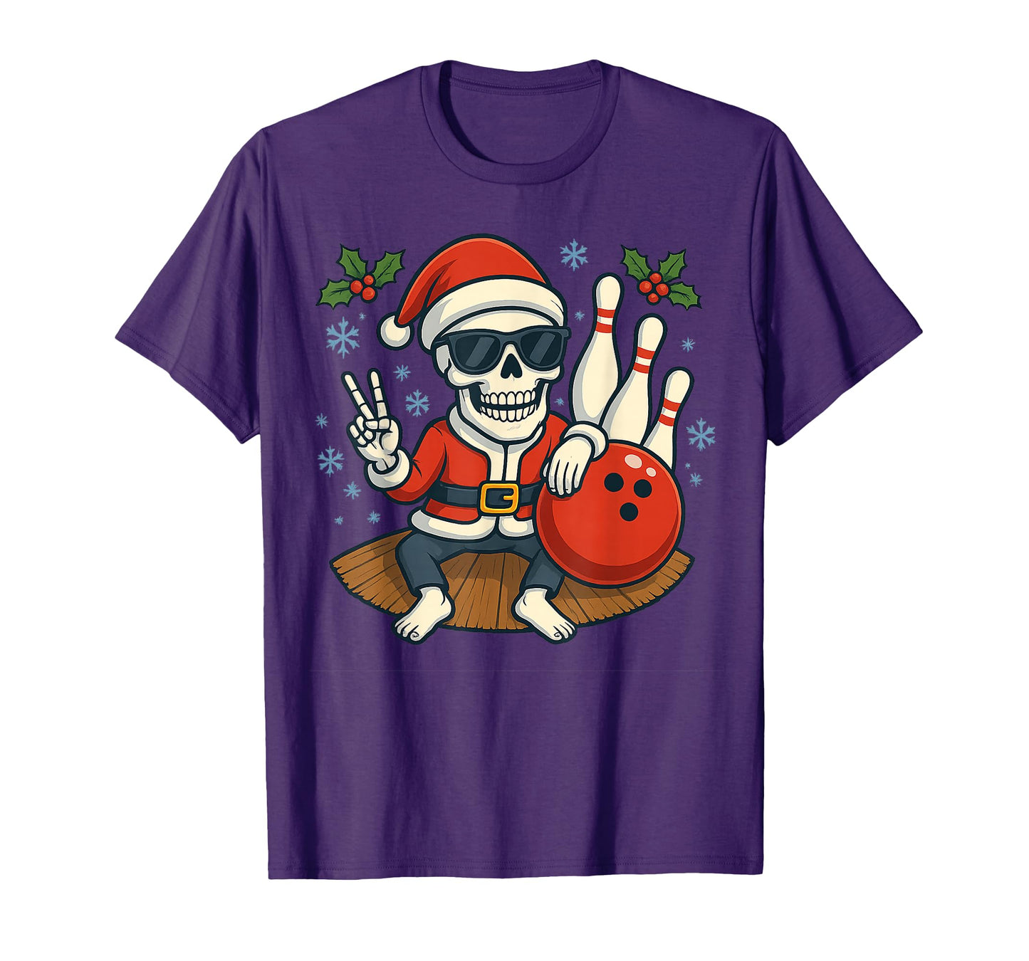 Cute Santa Skeleton Bowling Christmas Funny Holiday Vibes T-Shirt