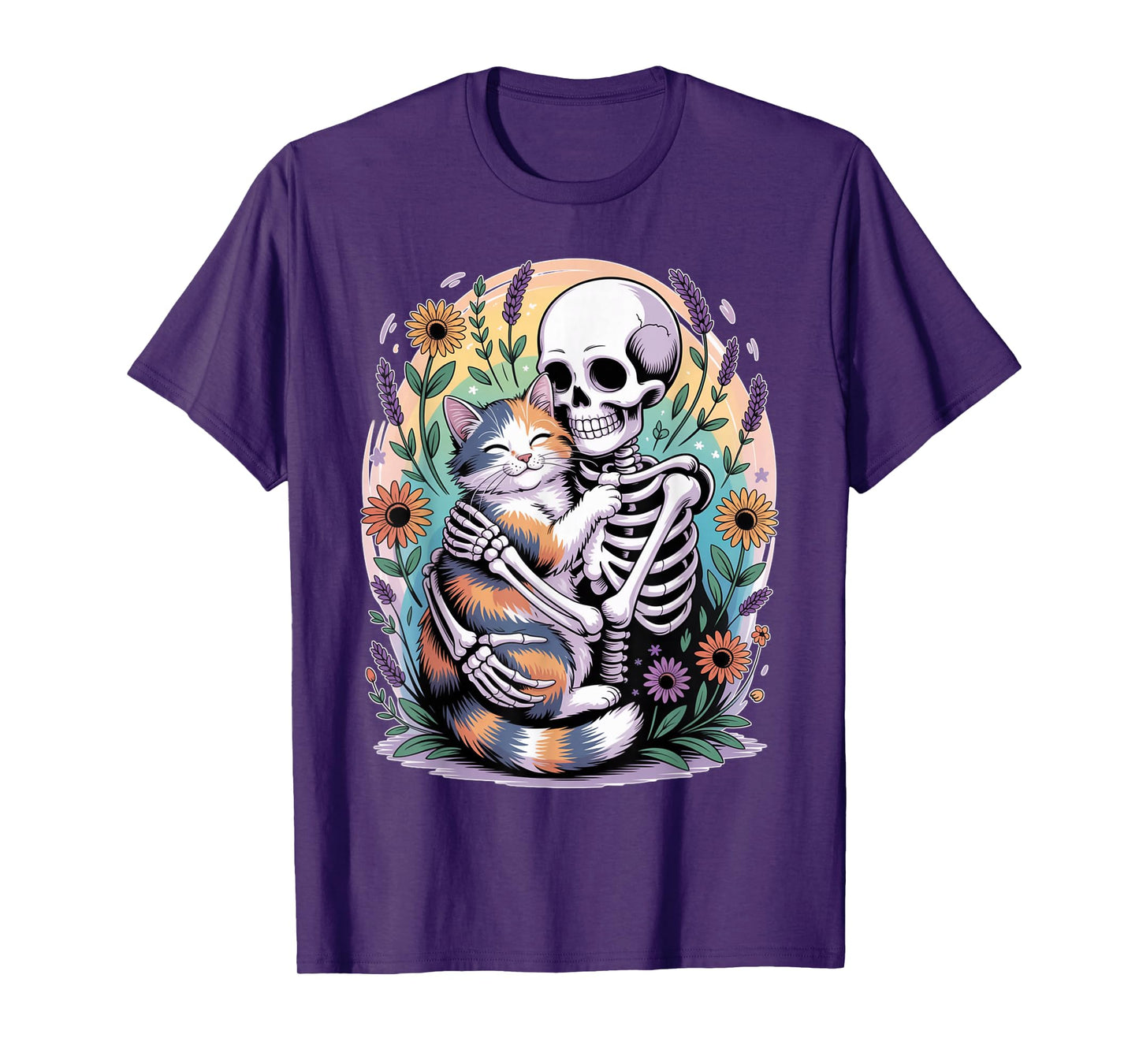 Funny Skeleton Hugging Cat Mom Dad Halloween Cats Lovers T-Shirt