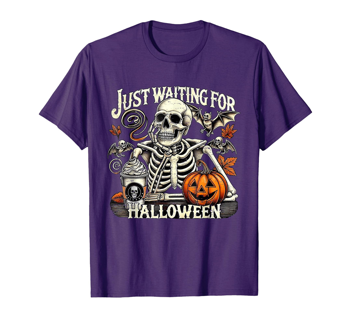 Retro Just Waiting for Halloween Skeleton Pumpkin T-Shirt