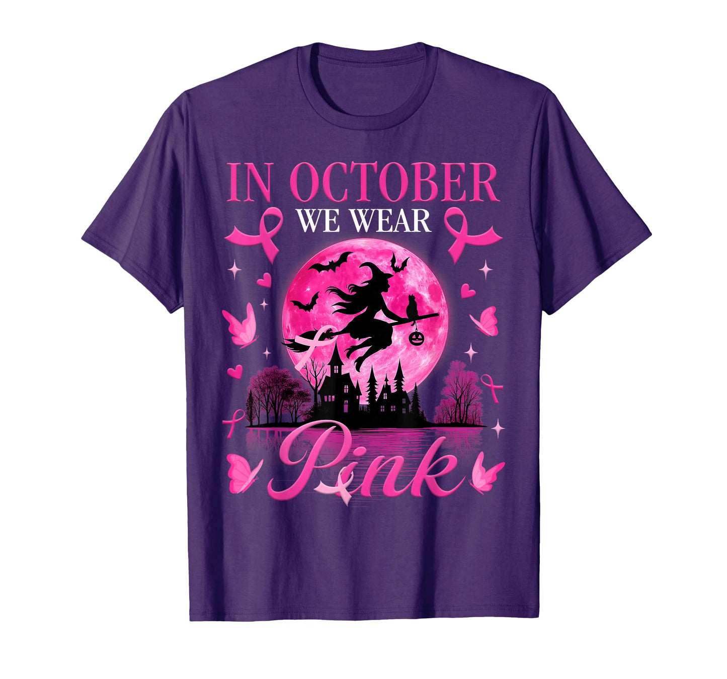 Halloween Witch in October We Wear Pink Ribbon Breast Cancer T-Shirt