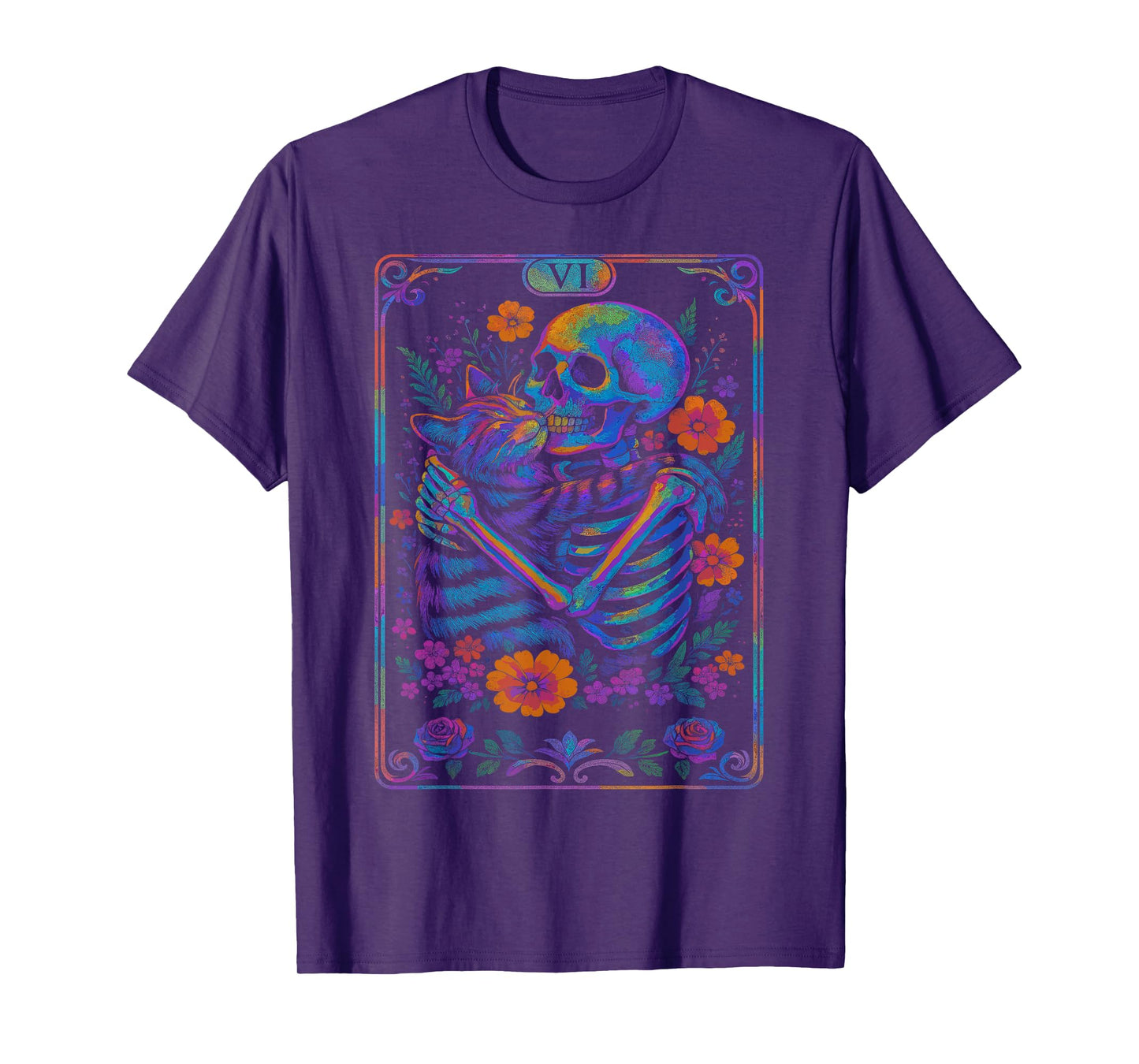 Skeleton Hugging Cat Floral Tarot Card Pastel Love Halloween T-Shirt