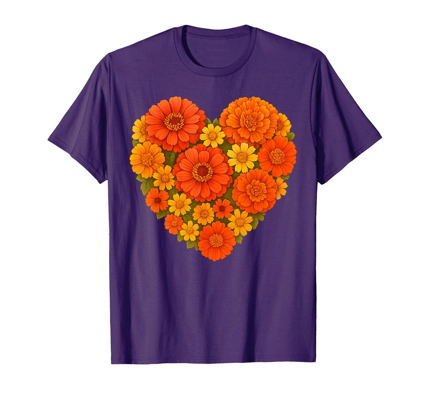 Heart Shaped Orange Yellow Marigold Zinnia Bouquet Botanical T-Shirt