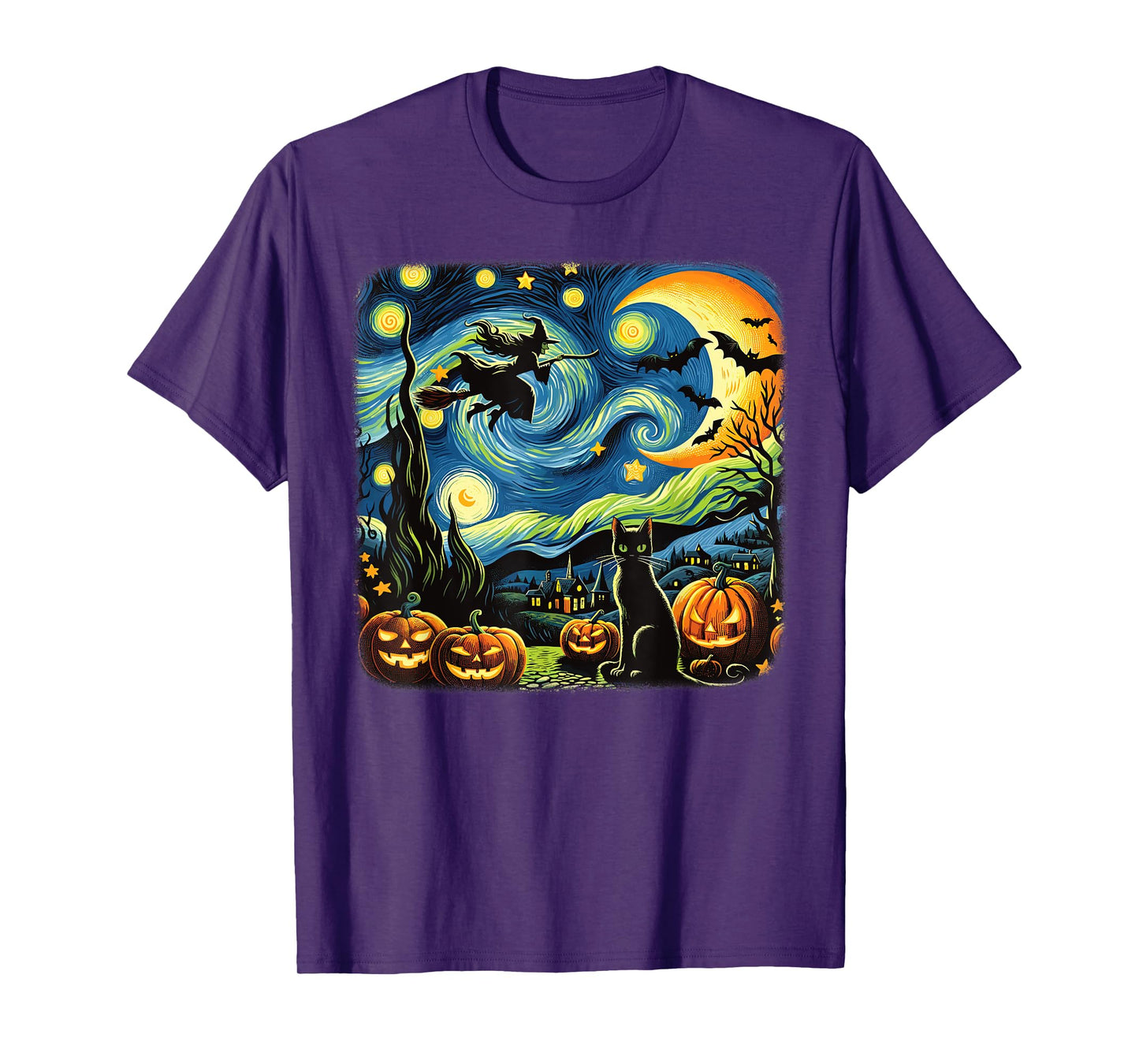 Halloween Witch Van Gogh Starry Night Black Cat Pumpkin Bats T-Shirt