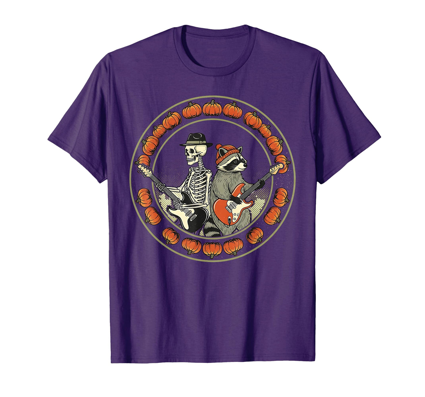 Skeleton Raccoon Rocking Pumpkin Halloween Men Women Kids T-Shirt