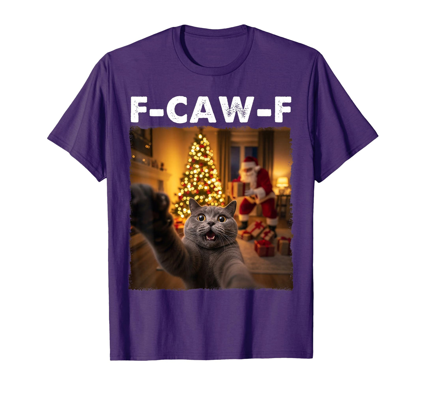 FCAWF Cat Christmas F-CAW-F Cat Xmas Funny Cat Selfie Santa T-Shirt