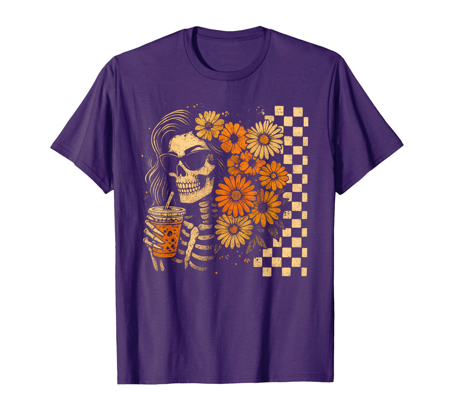 Skeleton Coffee Flowers Grunge Tee T-Shirt