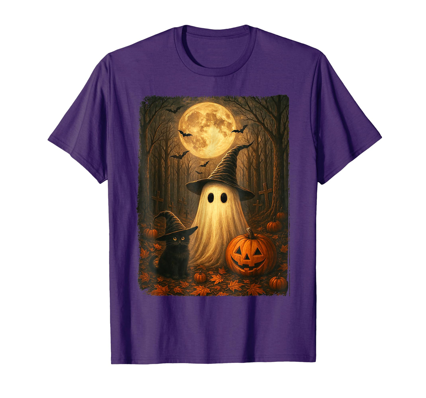 Retro Black Cat Witch Scary Halloween Ghost Pumpkin Spooky T-Shirt