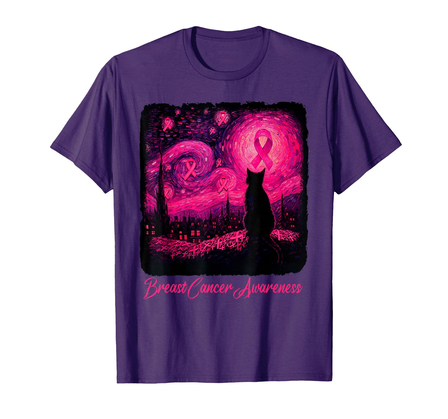 Starry Night Van Gogh Cat Halloween Breast Cancer Awareness T-Shirt