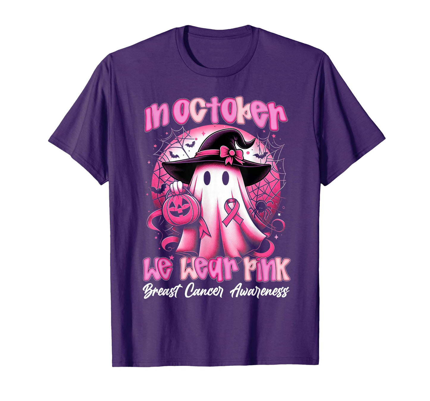 in October We Wear Pink Ghost Witch Awareness Tee T-Shirt