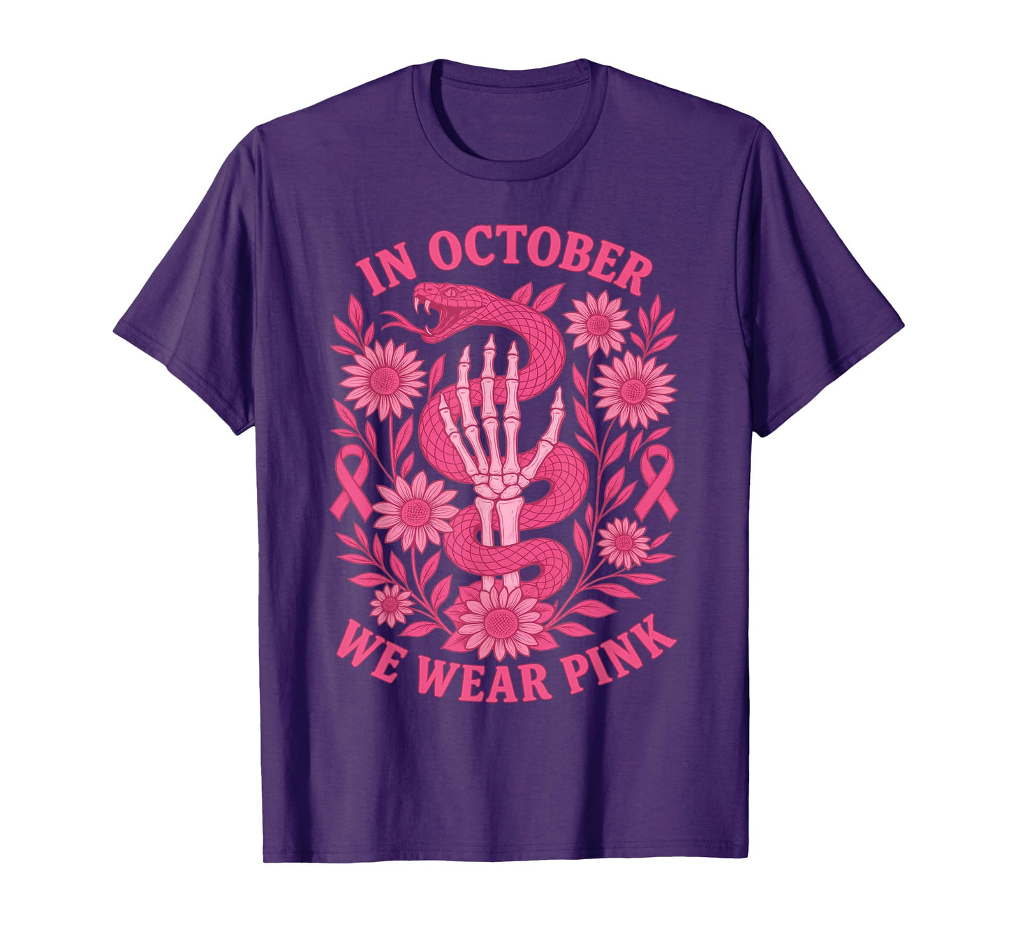 in October We Wear Pink Ribbon Snake Skeleton Hand Womens T-Shirt