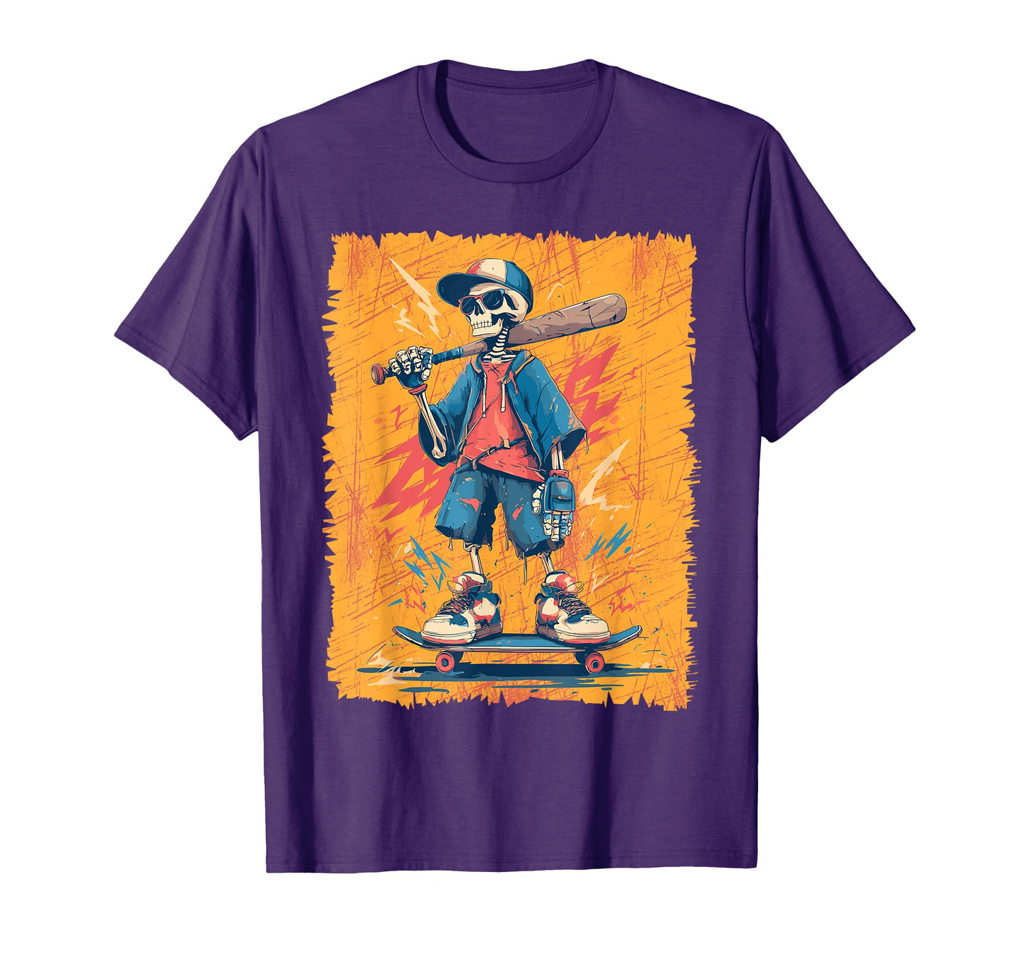 Halloween Skeleton Skater Baseball Bat Graffiti Graphic T-Shirt