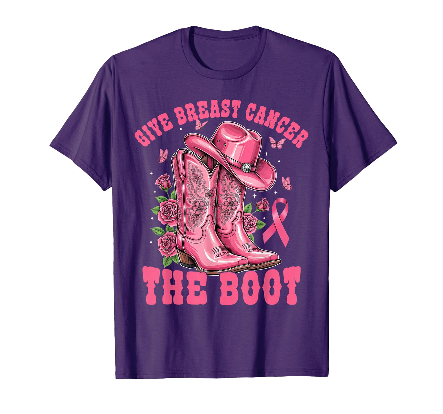 Give Breast Cancer The Boot Cowgirl Cancer Awareness Ribbon T-Shirt