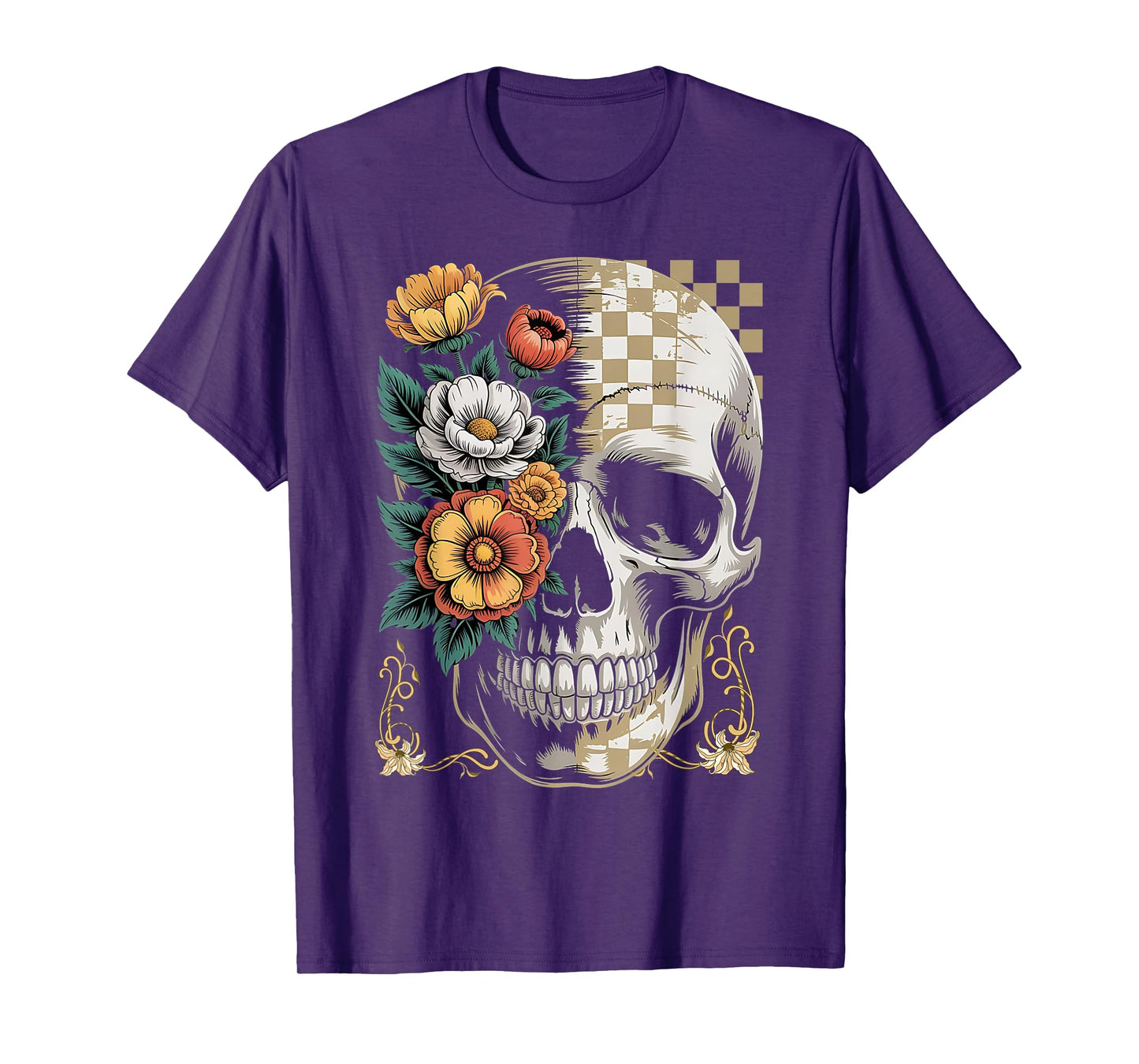 Retro Halloween Floral Autumn Skull Funny Spooky Skeleton T-Shirt