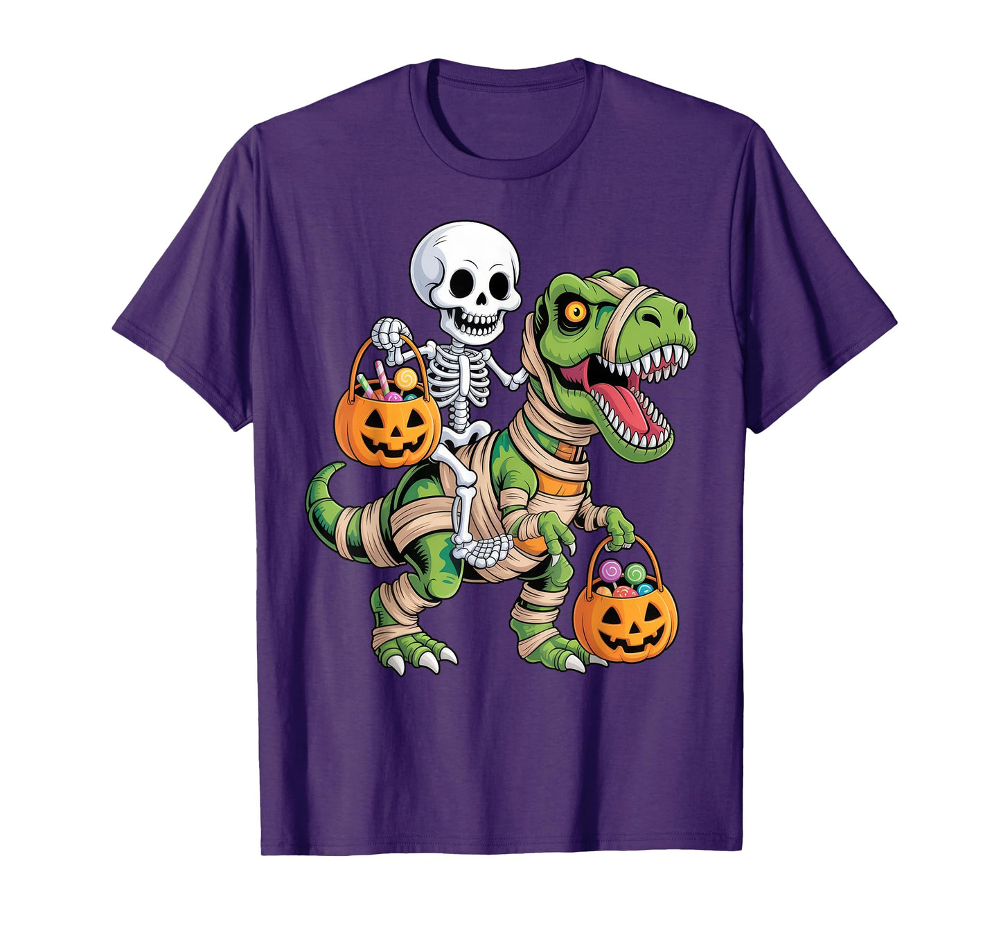 Skeleton Riding Mummy Dinosaur T rex Kids Boys Men Halloween T-Shirt