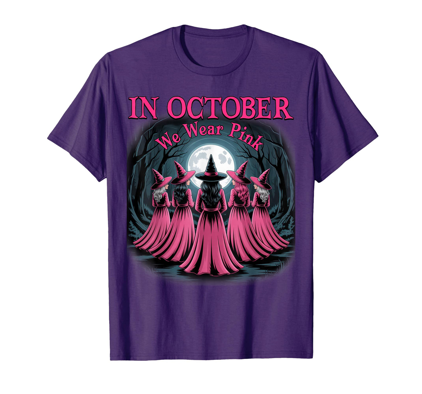 in October We Wear Pink Witch Halloween Breast Cancer Women T-Shirt