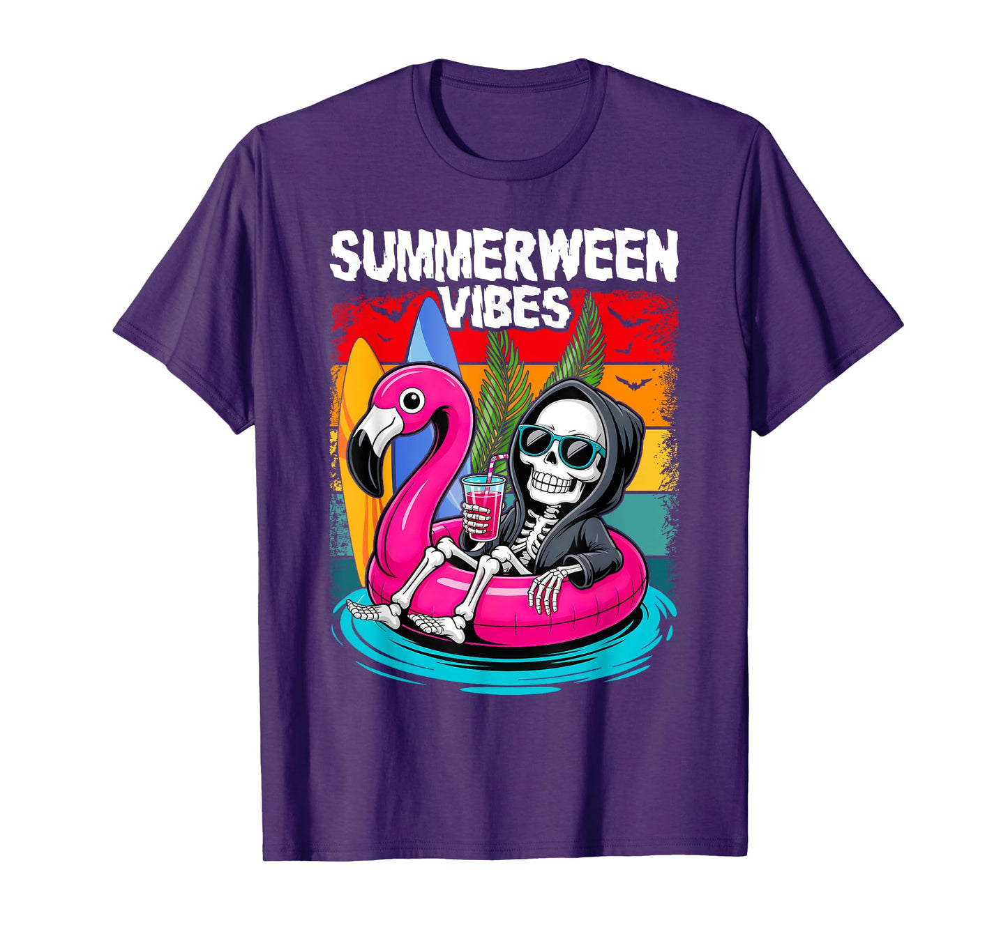 Summerween Vibes Skeleton Flamingo Spooky Halloween Summer T-Shirt