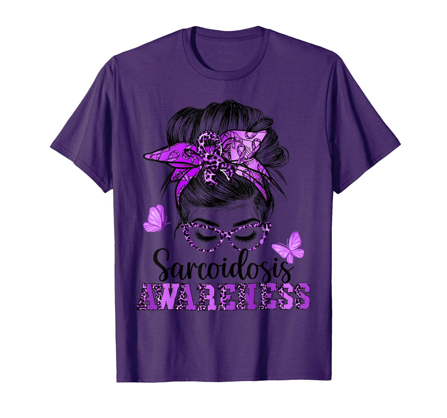 Messy Hair Bun Purple Ribbon Butterfly Sarcoidosis Awareness T-Shirt