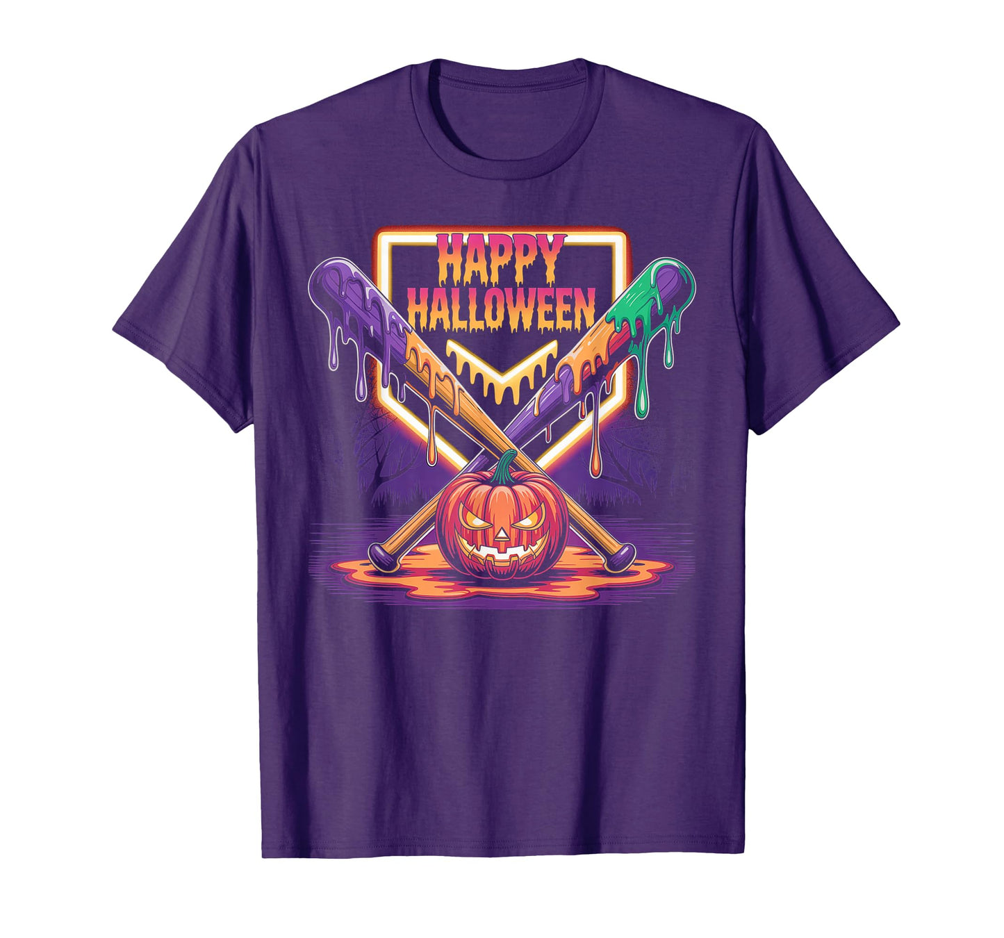 Halloween Pumpkin Baseball Crossed Bats Dripping Horror T-Shirt