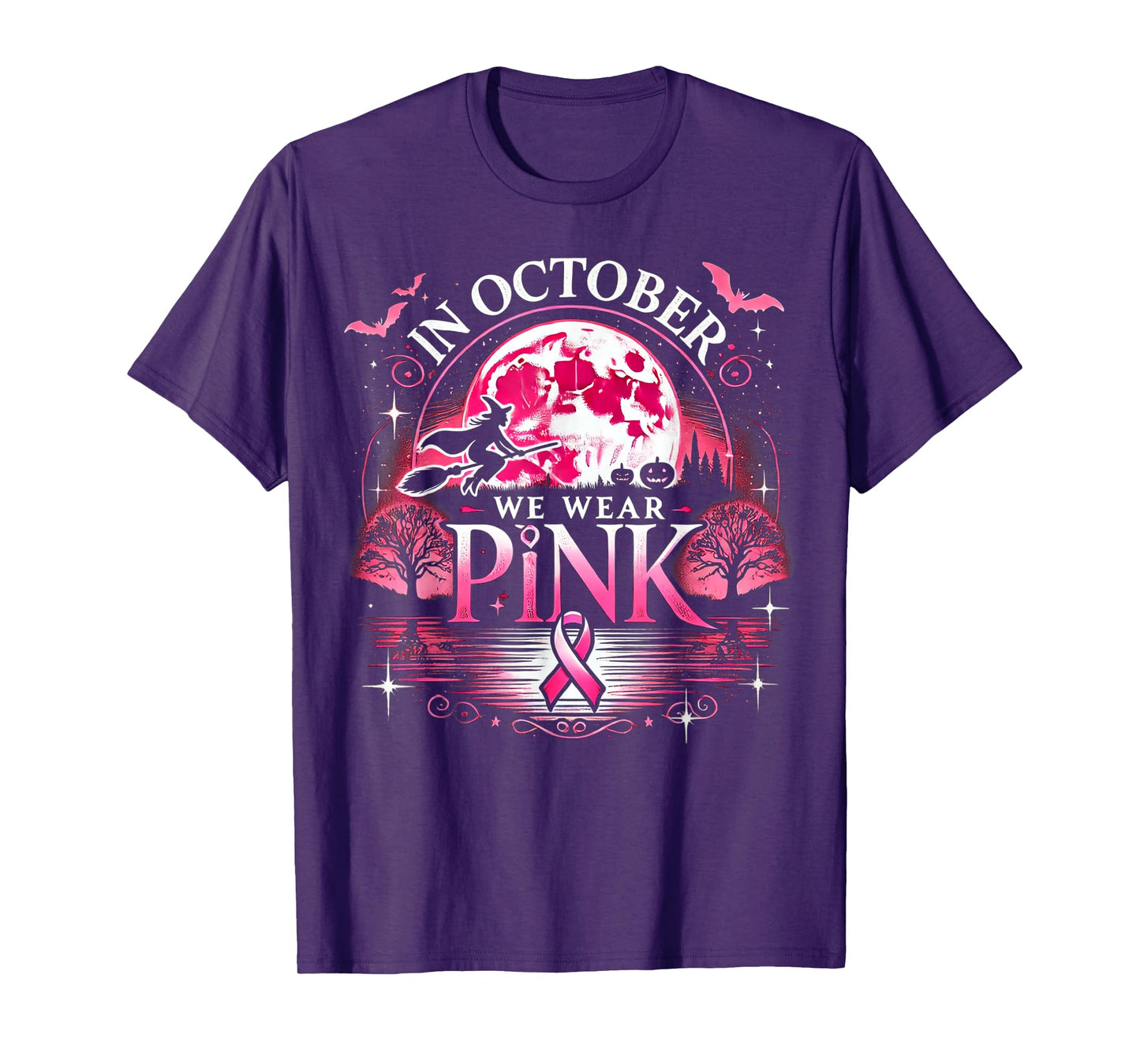 October We Wear Pink Witch Halloween Moon T-Shirt