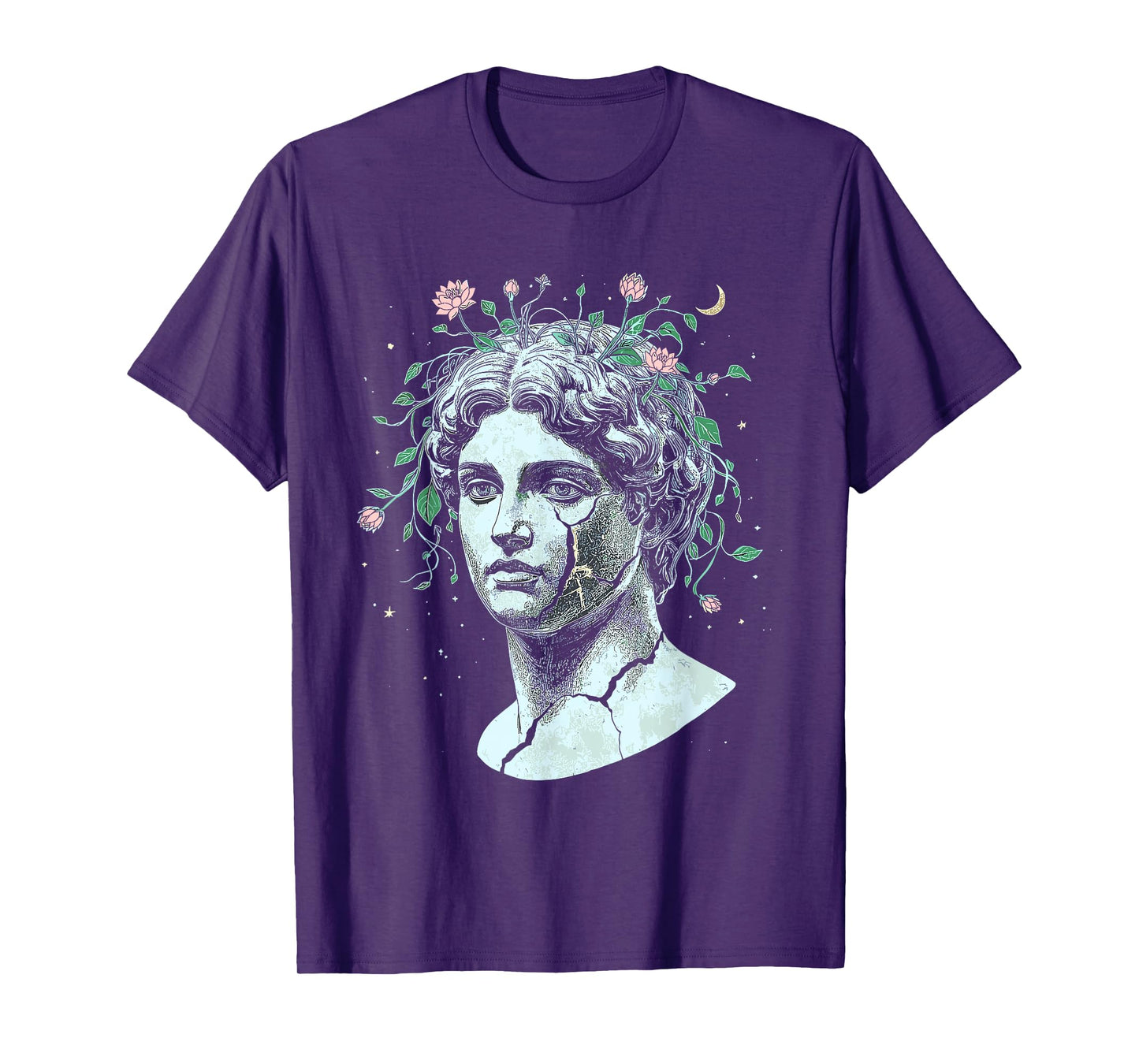 Floral Statue Cracked Sculpture Moon Flowers Greek T-Shirt