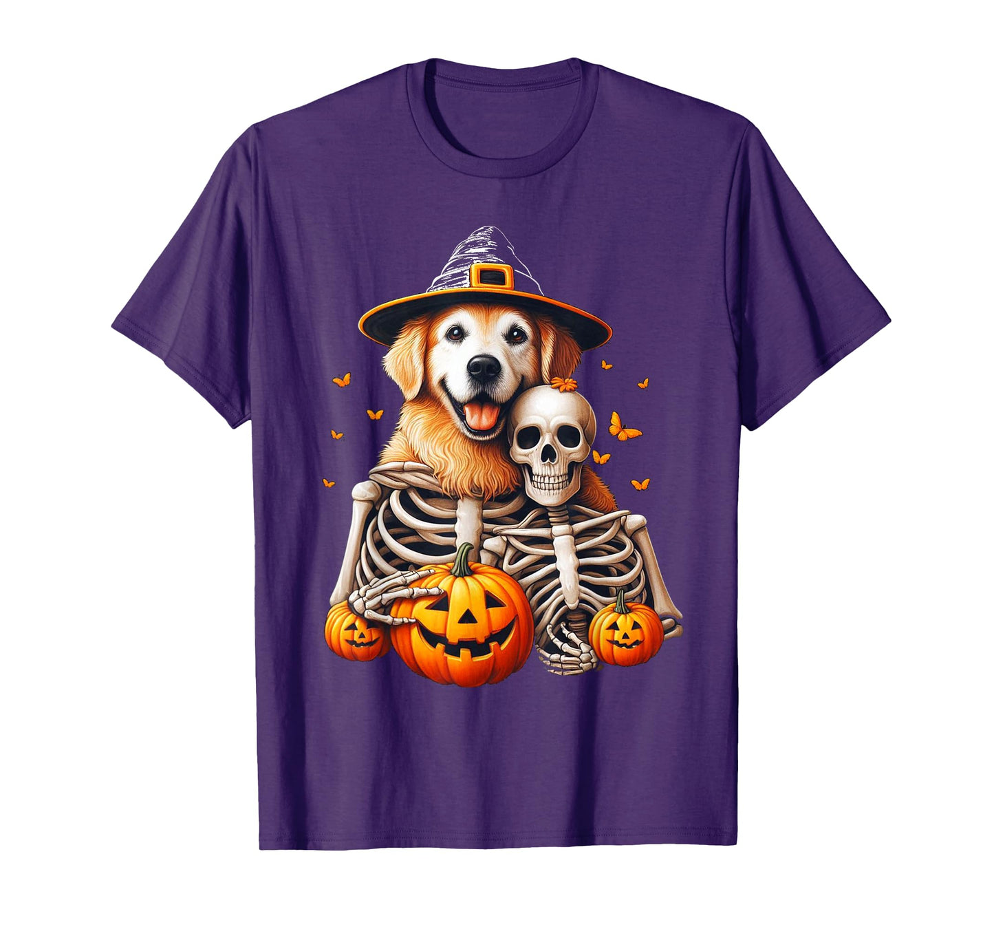 Skeleton Hugging Golden Retriever Halloween Lover Mom Dad T-Shirt