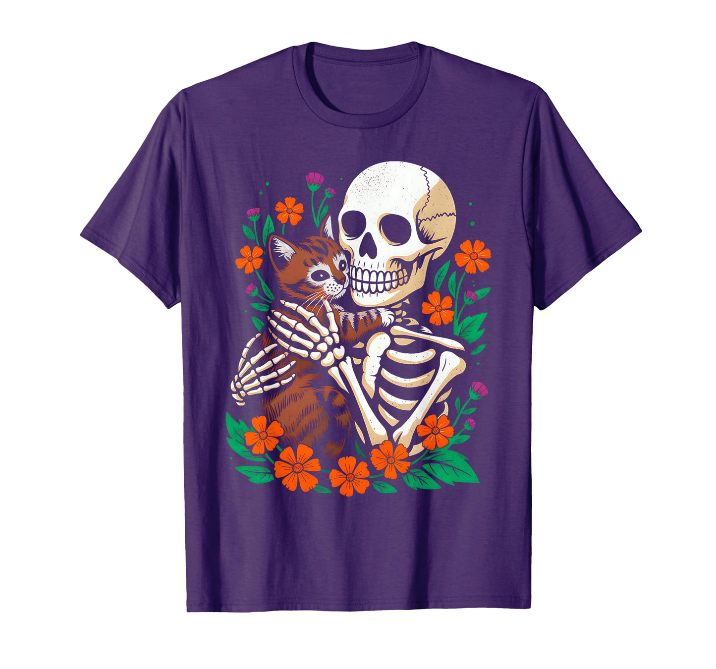 Skeleton Hugging Cat Floral Funny Halloween Cats Lover T-Shirt