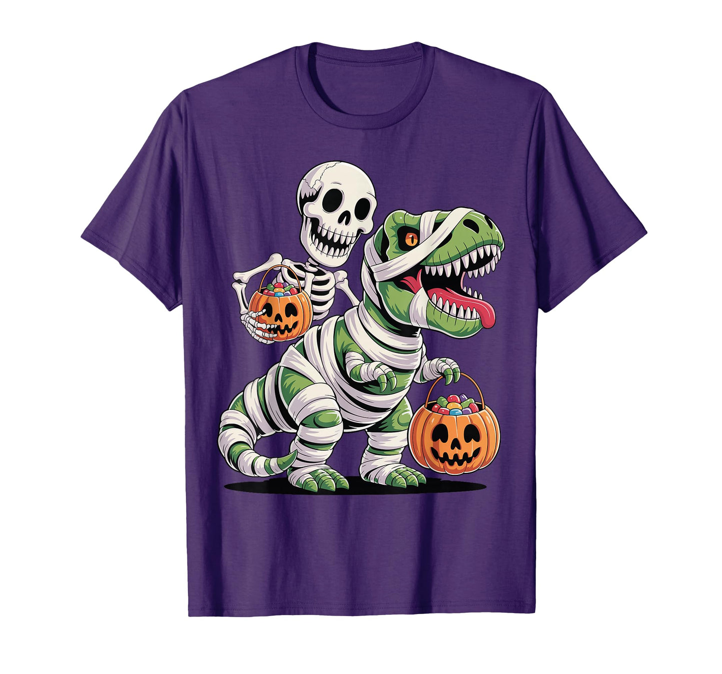 Skeleton Riding Mummy Dinosaur T Rex Funny Halloween T-Shirt