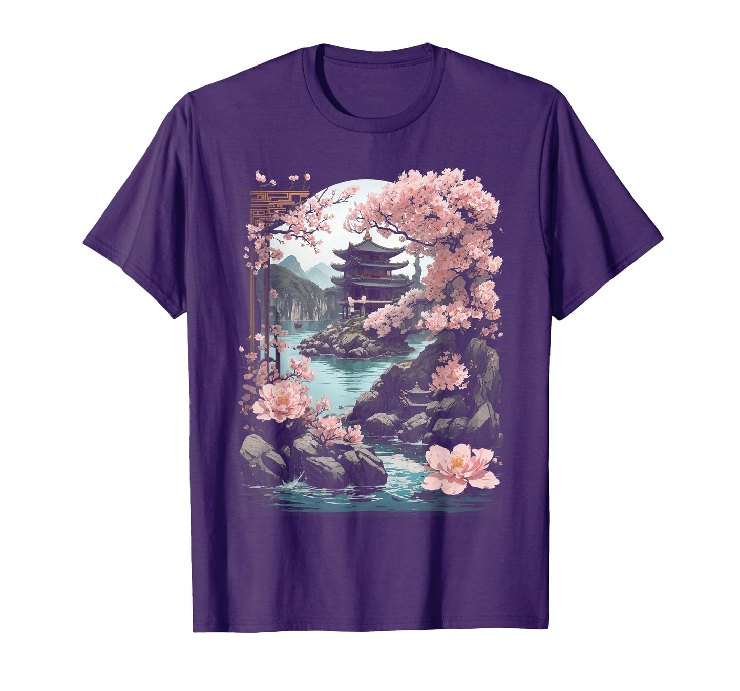 Japanese Chinese Temple Sakura Cherry Blossom Landscape T-Shirt