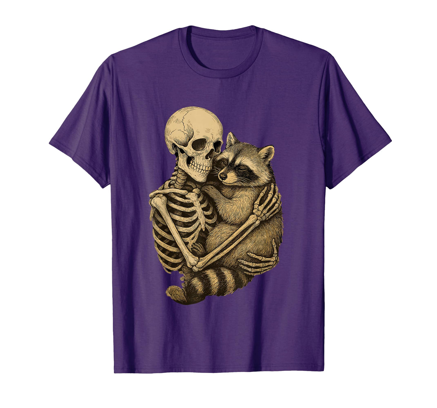 Skeleton Holding Raccoon Dark Nature Illustration T-Shirt