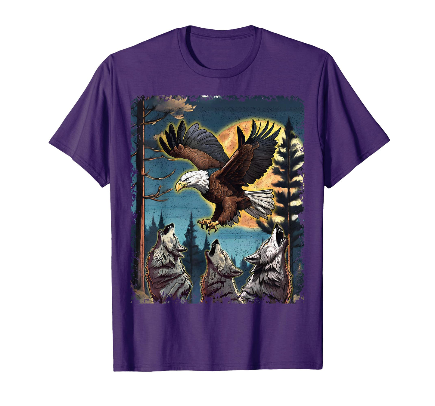 Three Wolves Howling Moon American Bald Eagle Nature Print T-Shirt